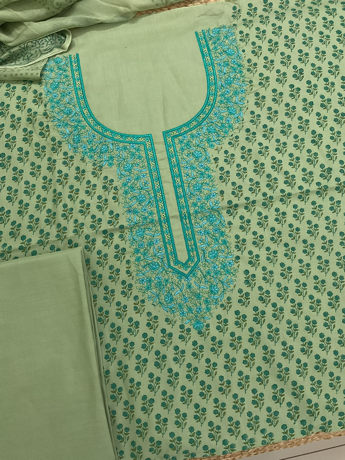 Pure Cotton Printed Embroidered Suit - Green