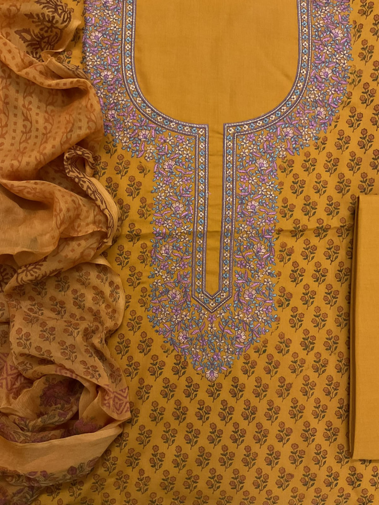 Image of Pure Cotton Printed Embroidered Suit - Organish Yellow