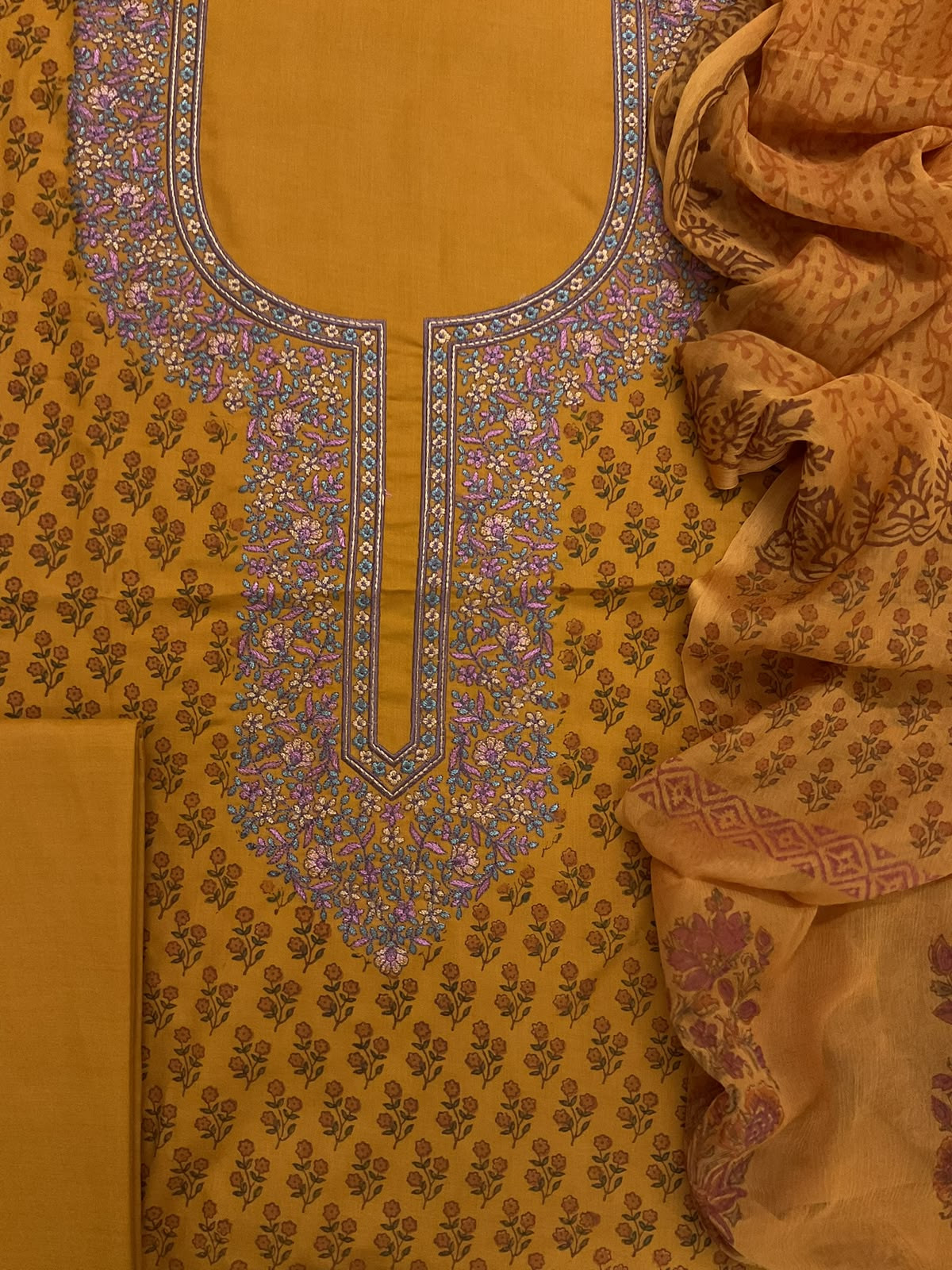 Pure Cotton Printed Embroidered Suit - Organish Yellow