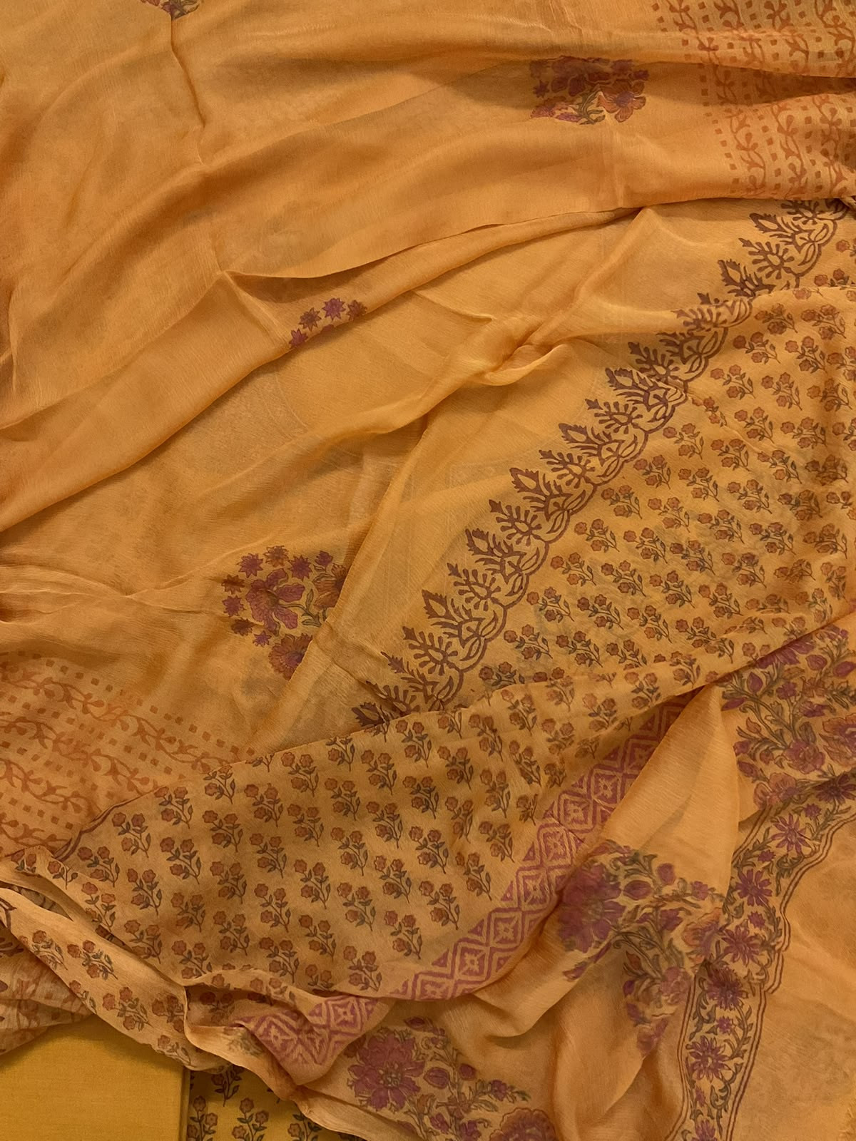 Pure Cotton Printed Embroidered Suit - Organish Yellow