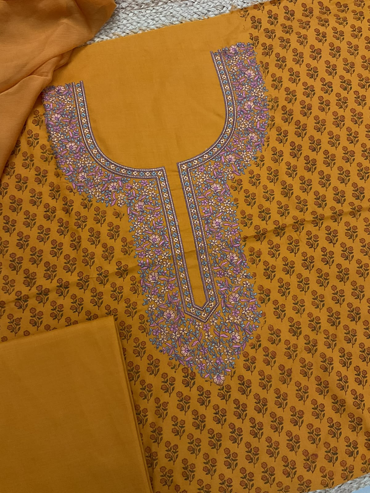 Pure Cotton Printed Embroidered Suit - Organish Yellow