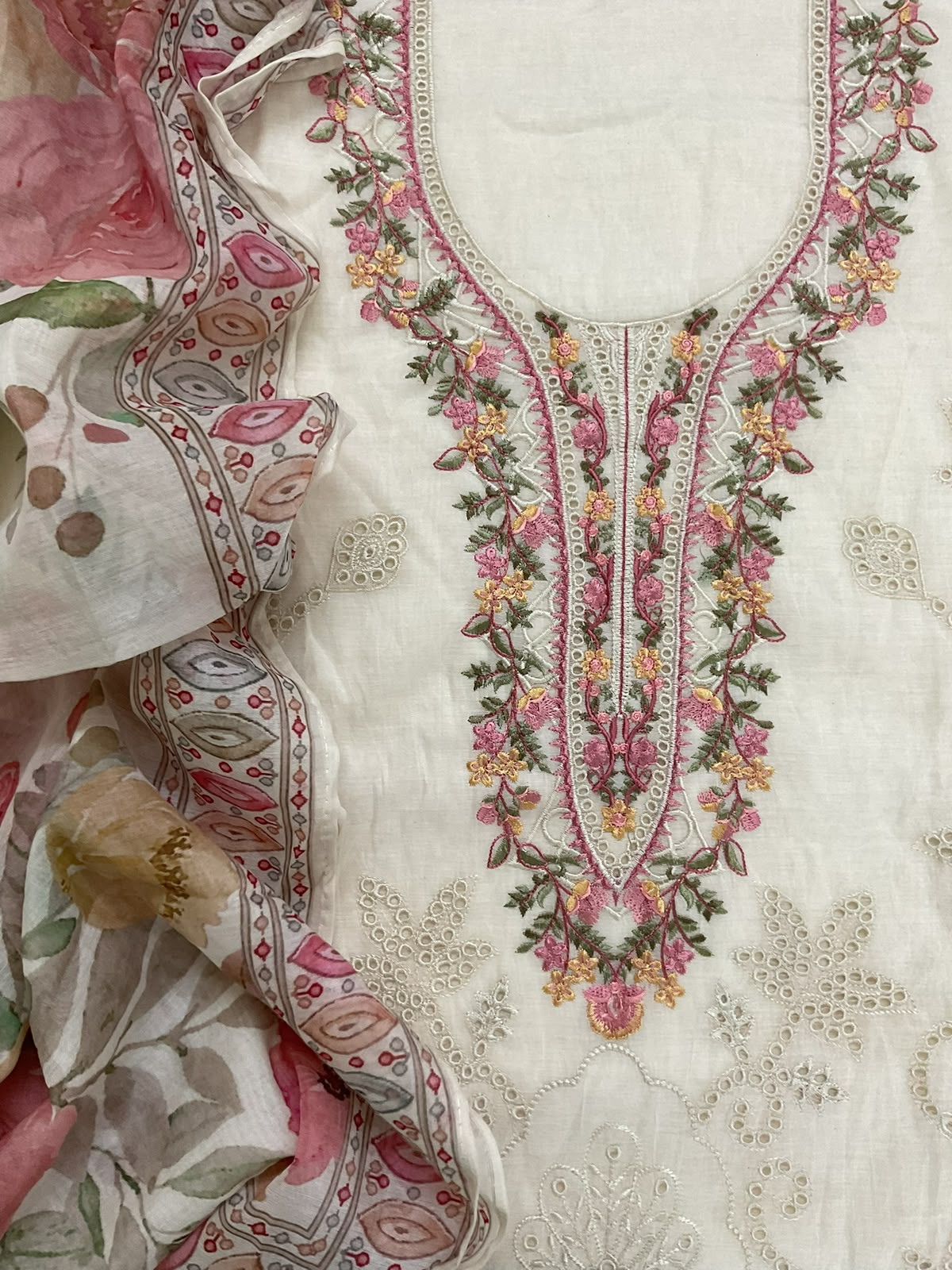 Soft Chanderi Printed Embroidered Suit - Off White