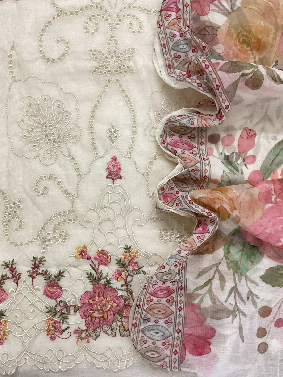 Soft Chanderi Printed Embroidered Suit - Off White