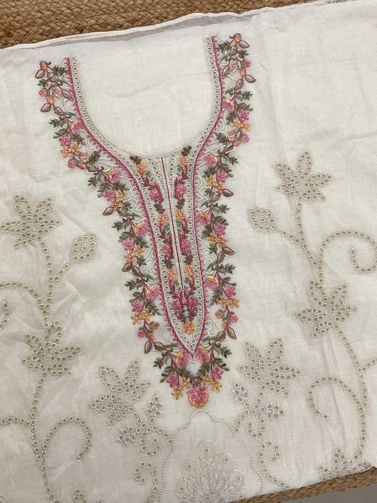 Soft Chanderi Printed Embroidered Suit - Off White