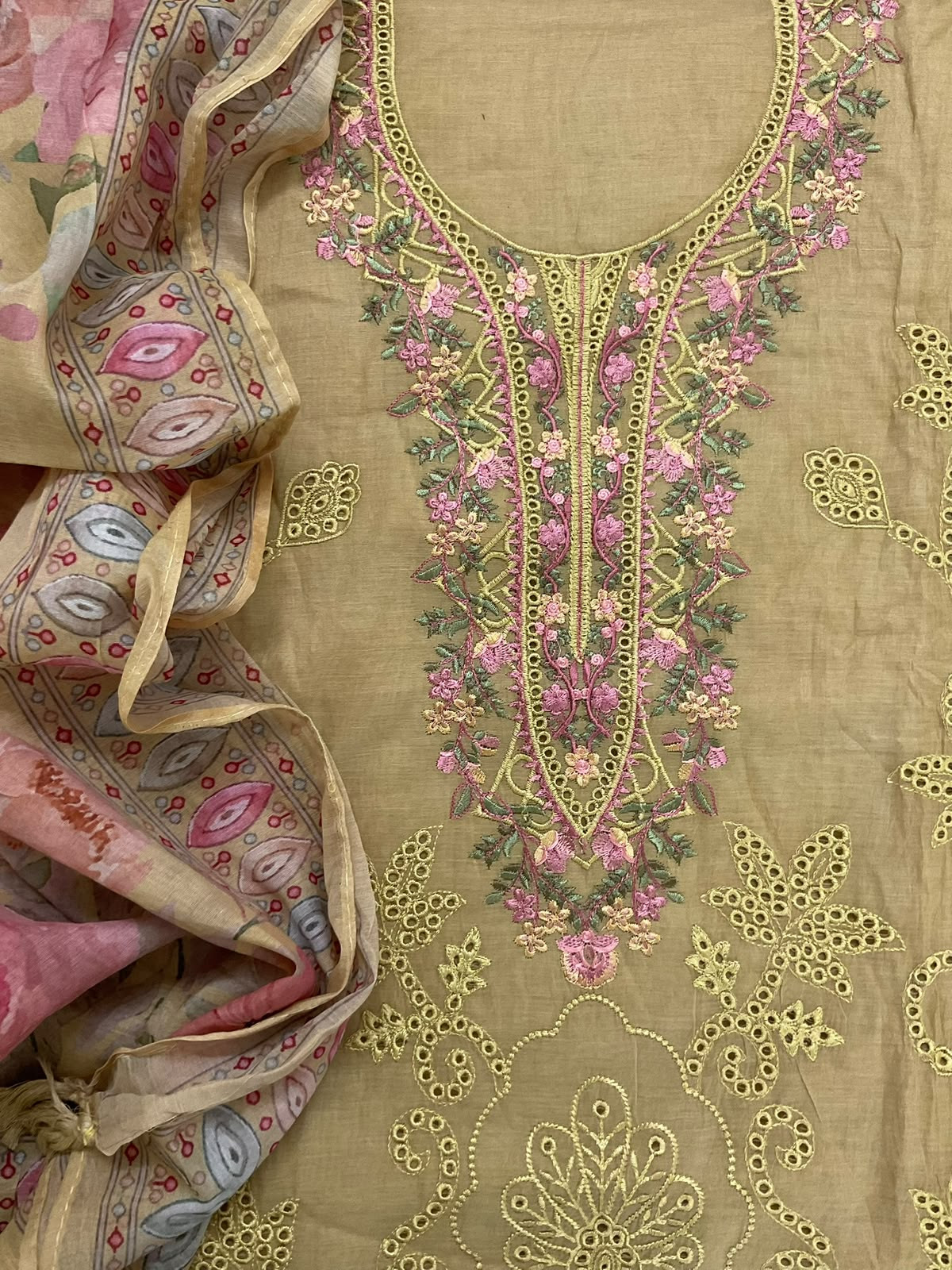 Soft Chanderi Printed Embroidered Suit - Mustard