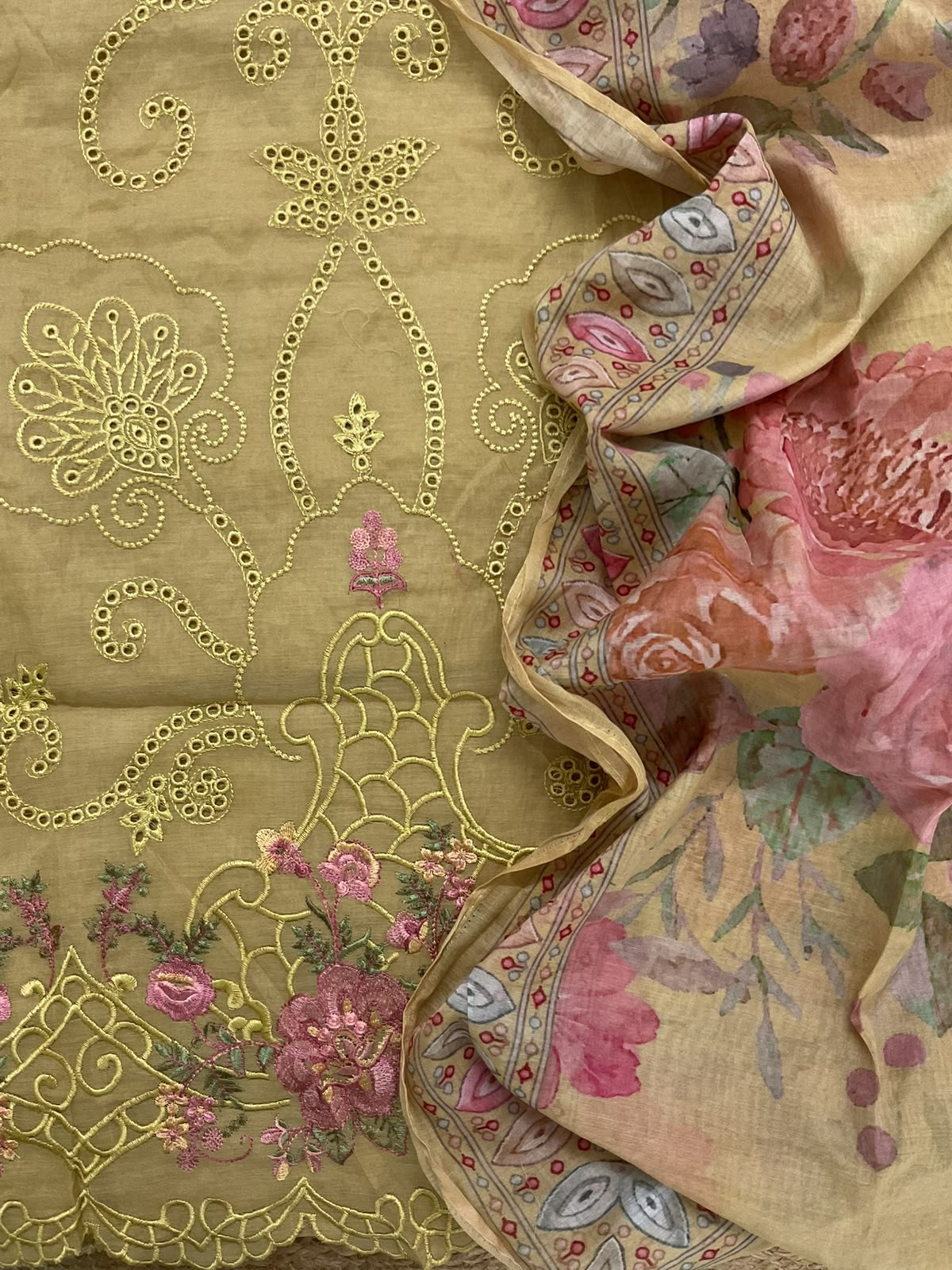Soft Chanderi Printed Embroidered Suit - Mustard