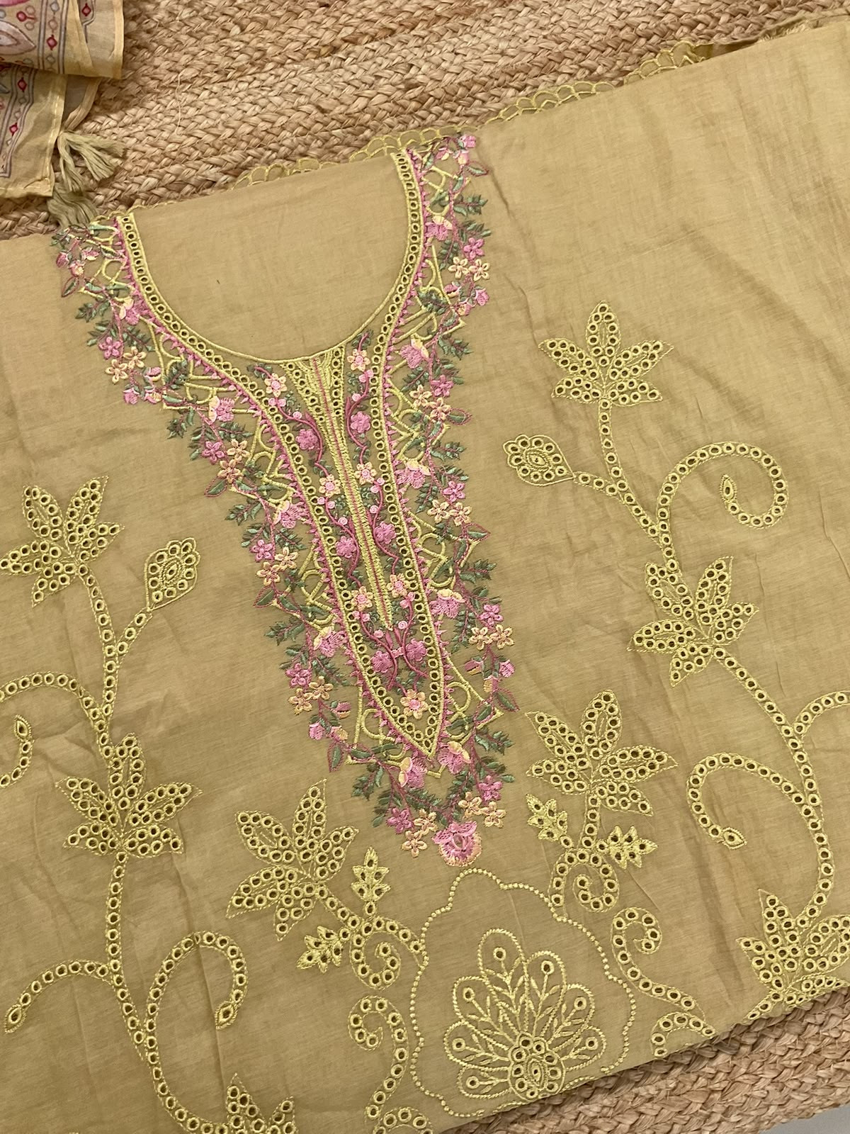 Soft Chanderi Printed Embroidered Suit - Mustard
