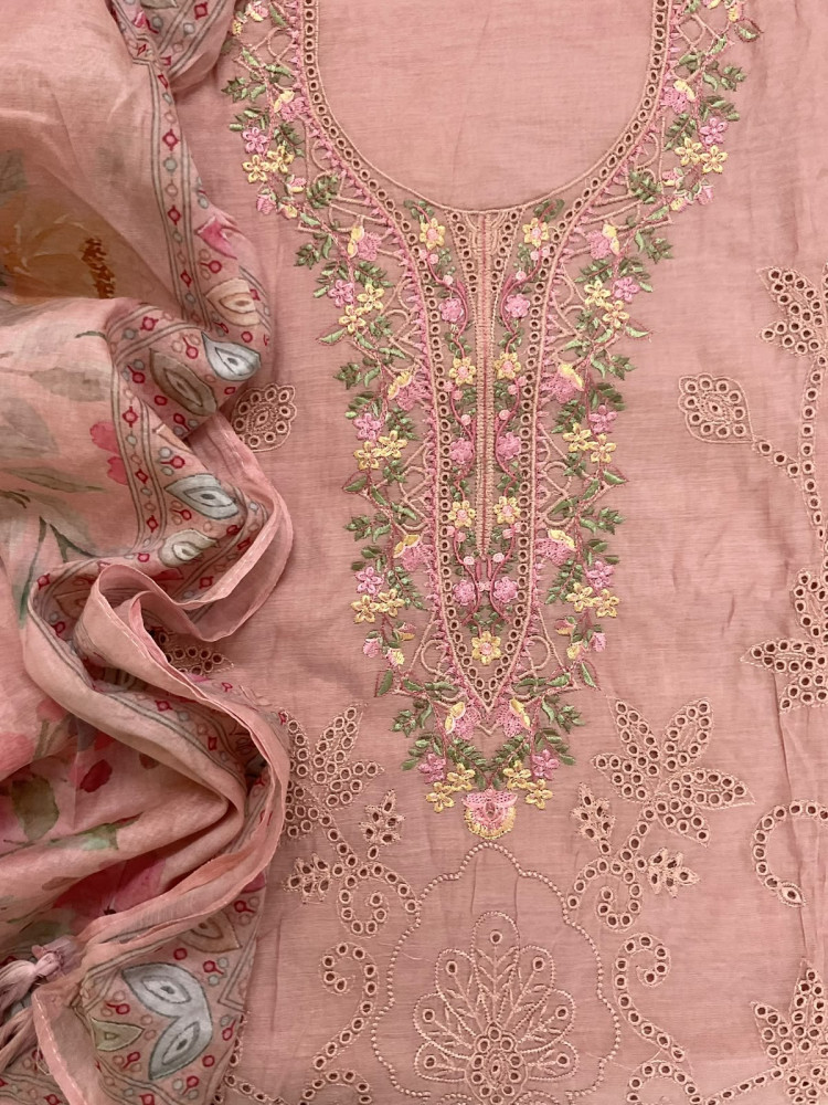 Image of Soft Chanderi Printed Embroidered Suit - Pink