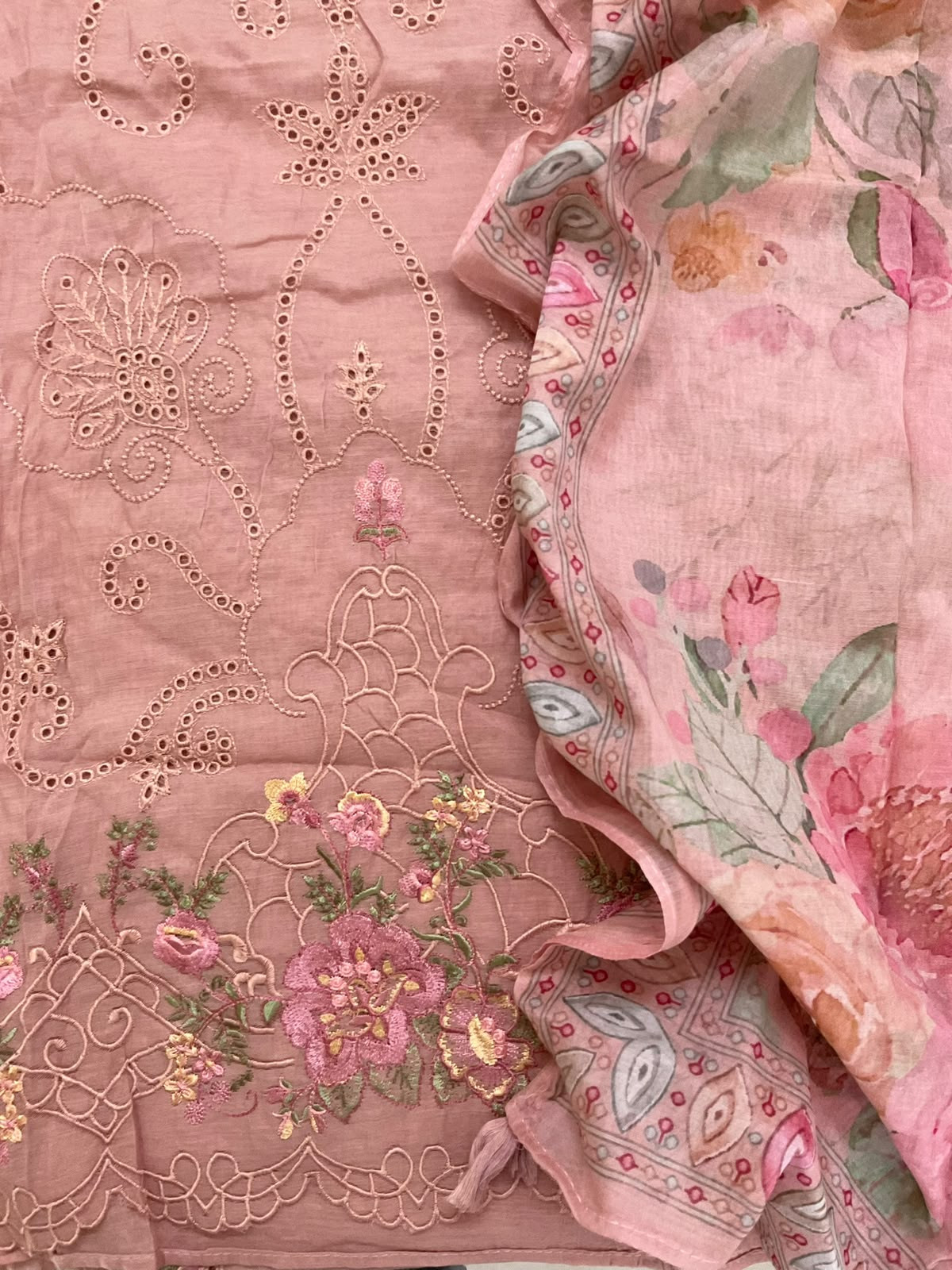 Soft Chanderi Printed Embroidered Suit - Pink
