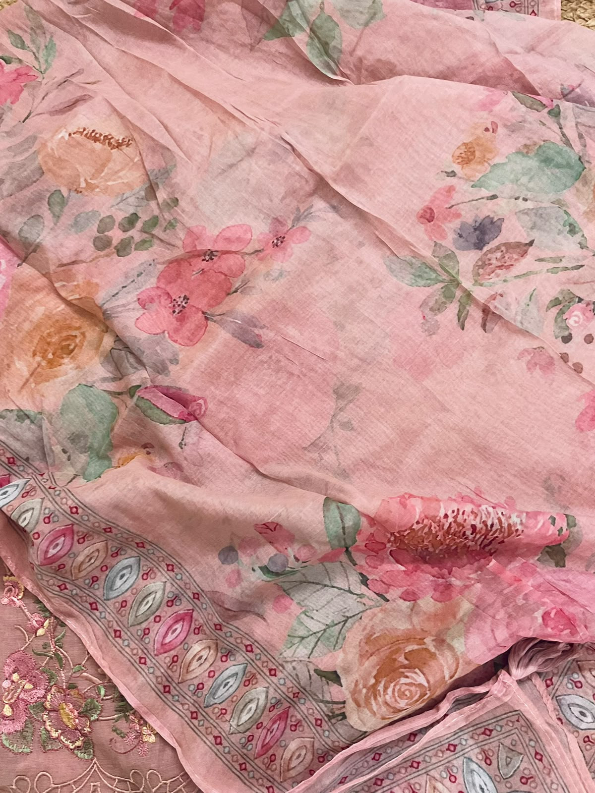 Soft Chanderi Printed Embroidered Suit - Pink