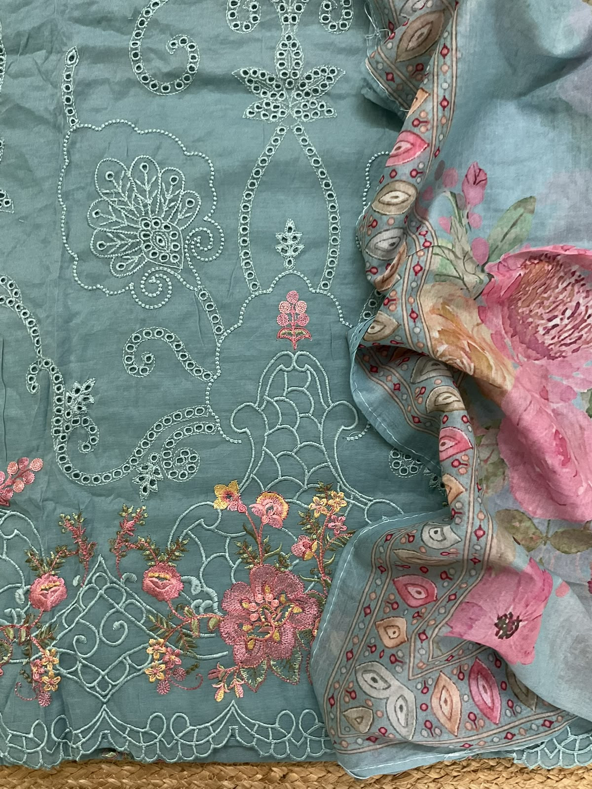 Soft Chanderi Printed Embroidered Suit - Blue