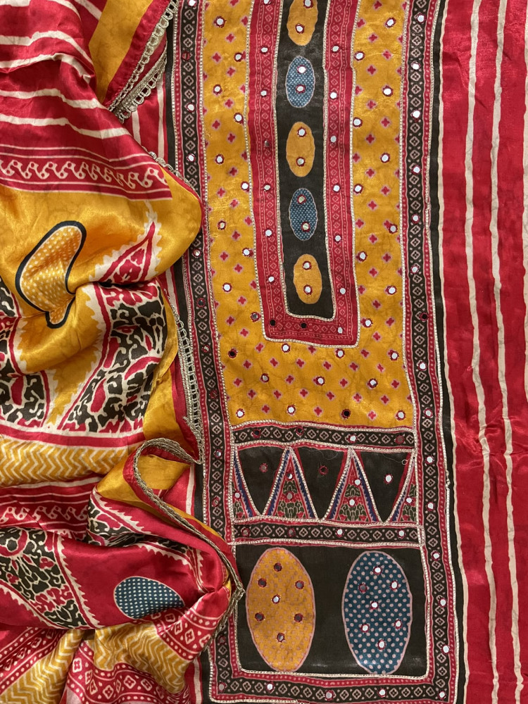 Image of Soft Gajji Silk Printed Embroidered Suit - Red