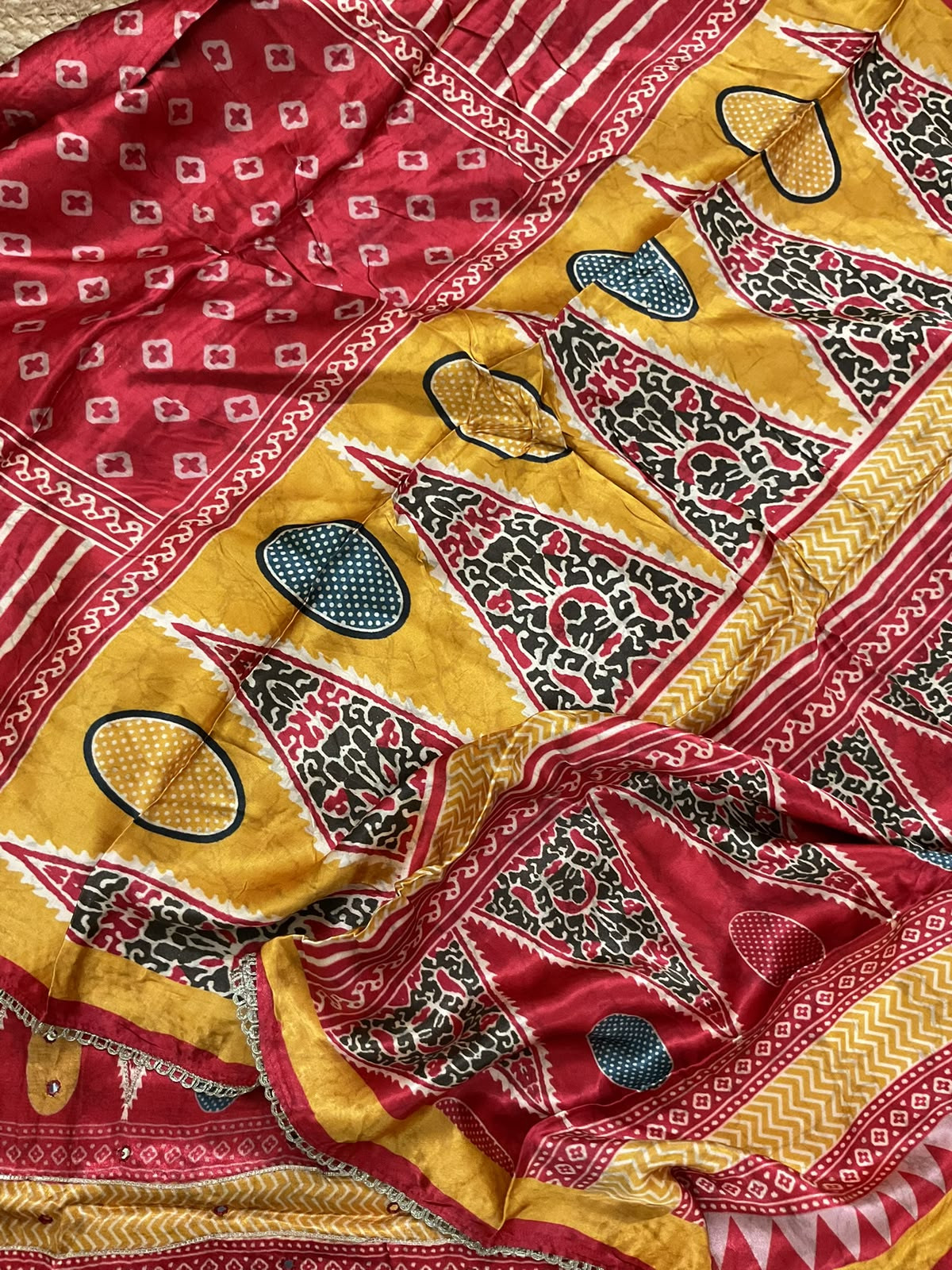 Soft Gajji Silk Printed Embroidered Suit - Red