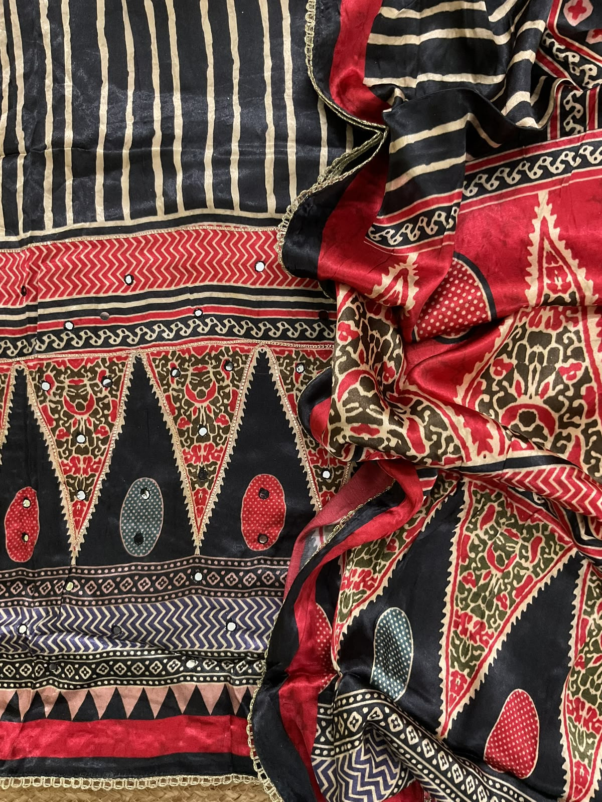 Soft Gajji Silk Printed Embroidered Suit -Black
