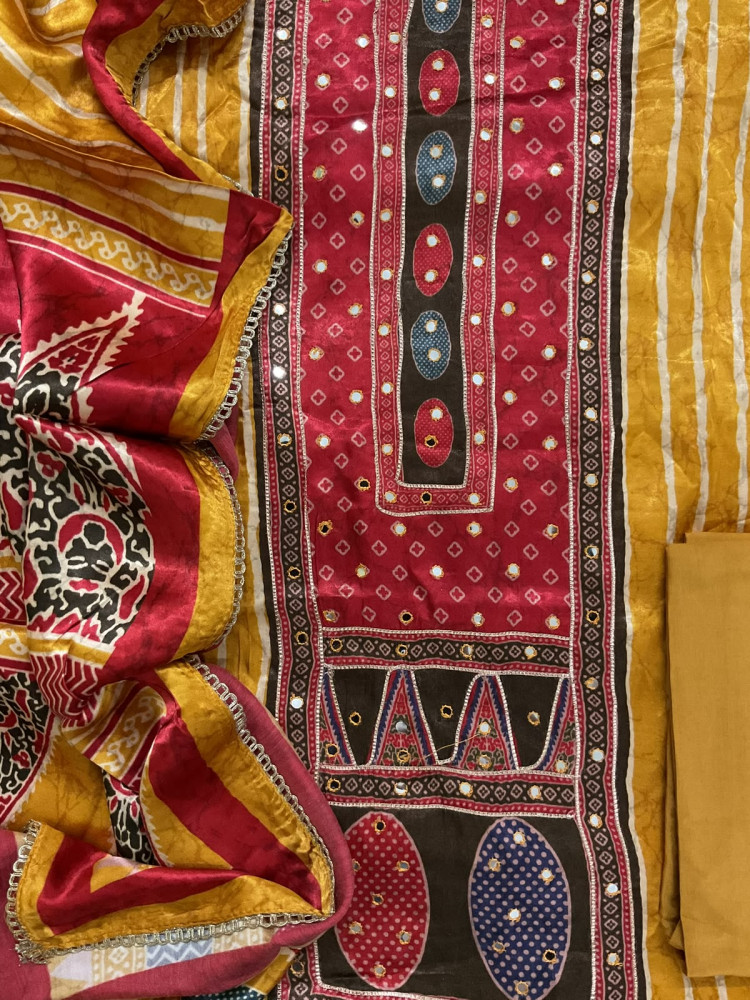 Image of Soft Gajji Silk Printed Embroidered Suit -Yellow