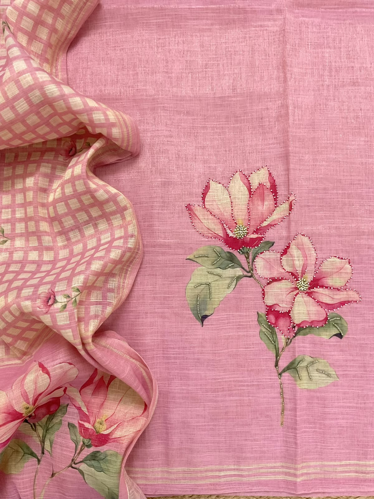 Soft Tissue Slub Cotton Printed Embroidered Suit - Pink