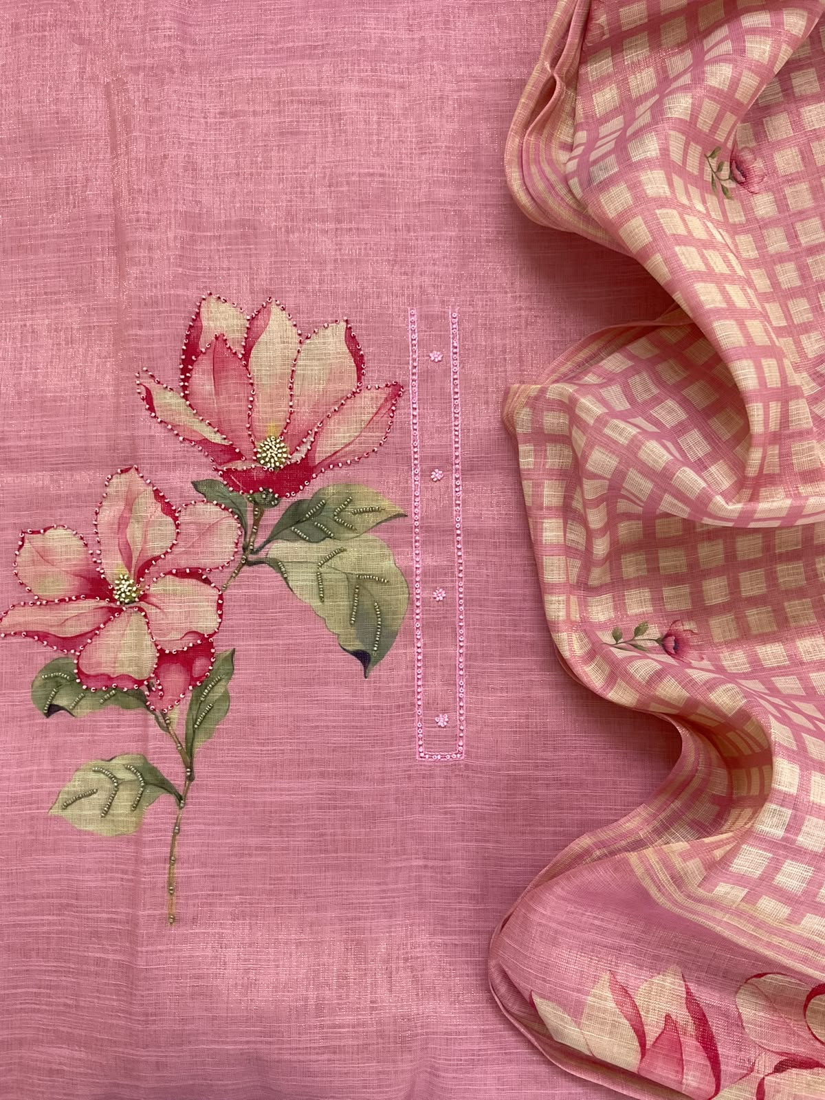 Soft Tissue Slub Cotton Printed Embroidered Suit - Pink
