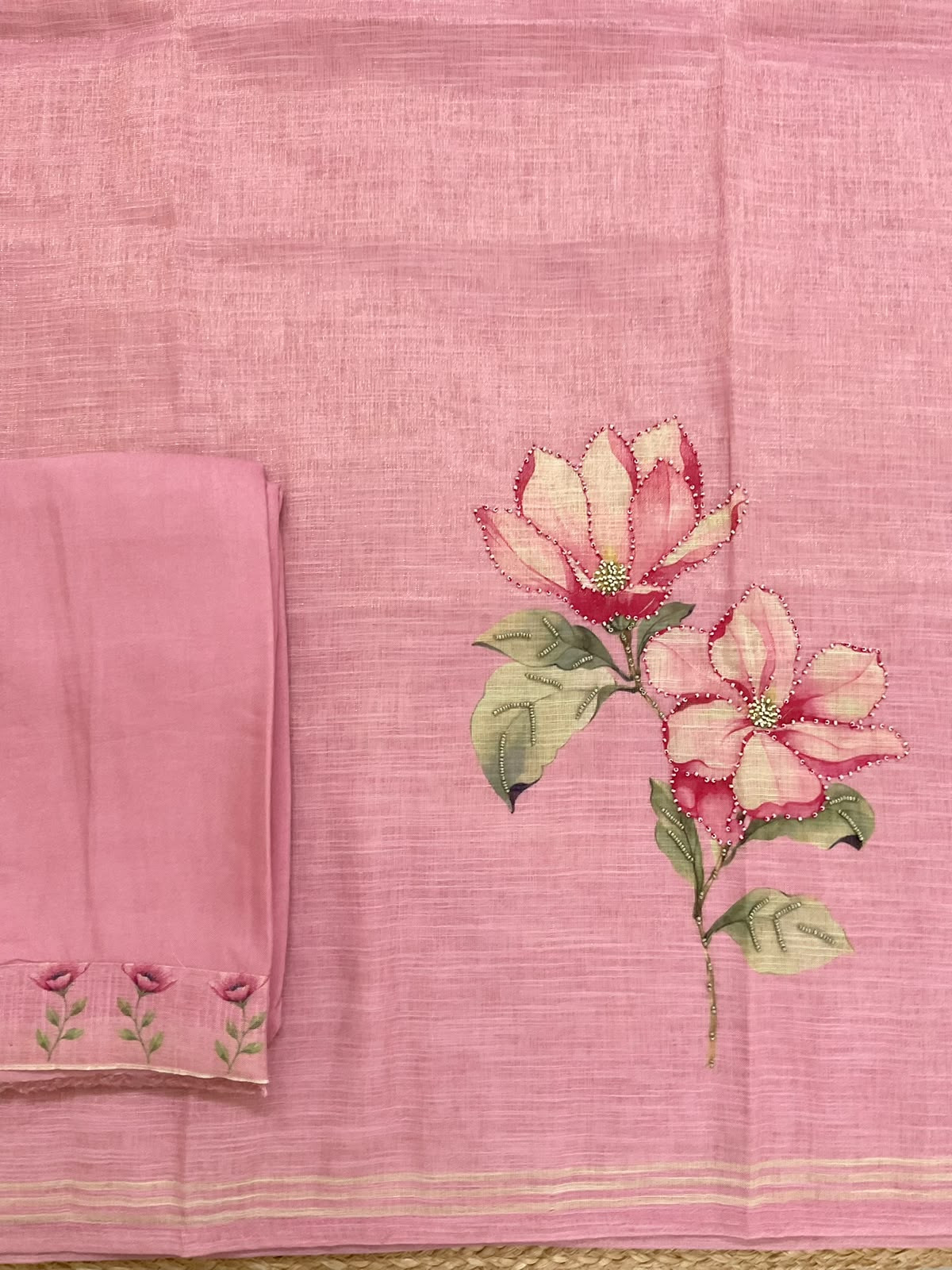 Soft Tissue Slub Cotton Printed Embroidered Suit - Pink