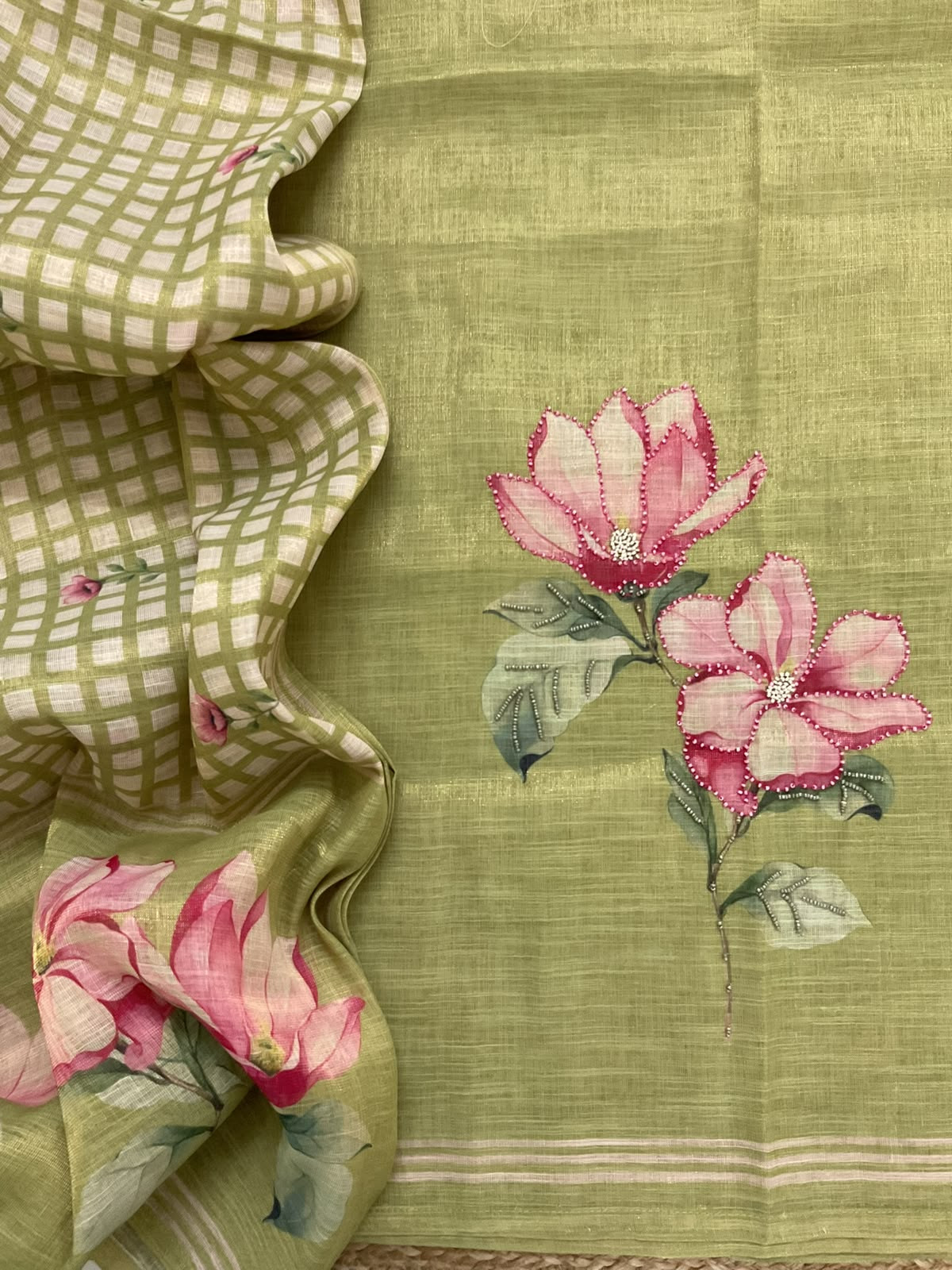 Soft Tissue Slub Cotton Printed Embroidered Suit - Green