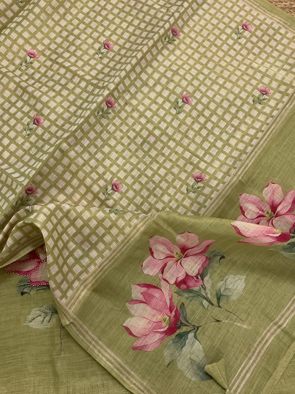 Soft Tissue Slub Cotton Printed Embroidered Suit - Green