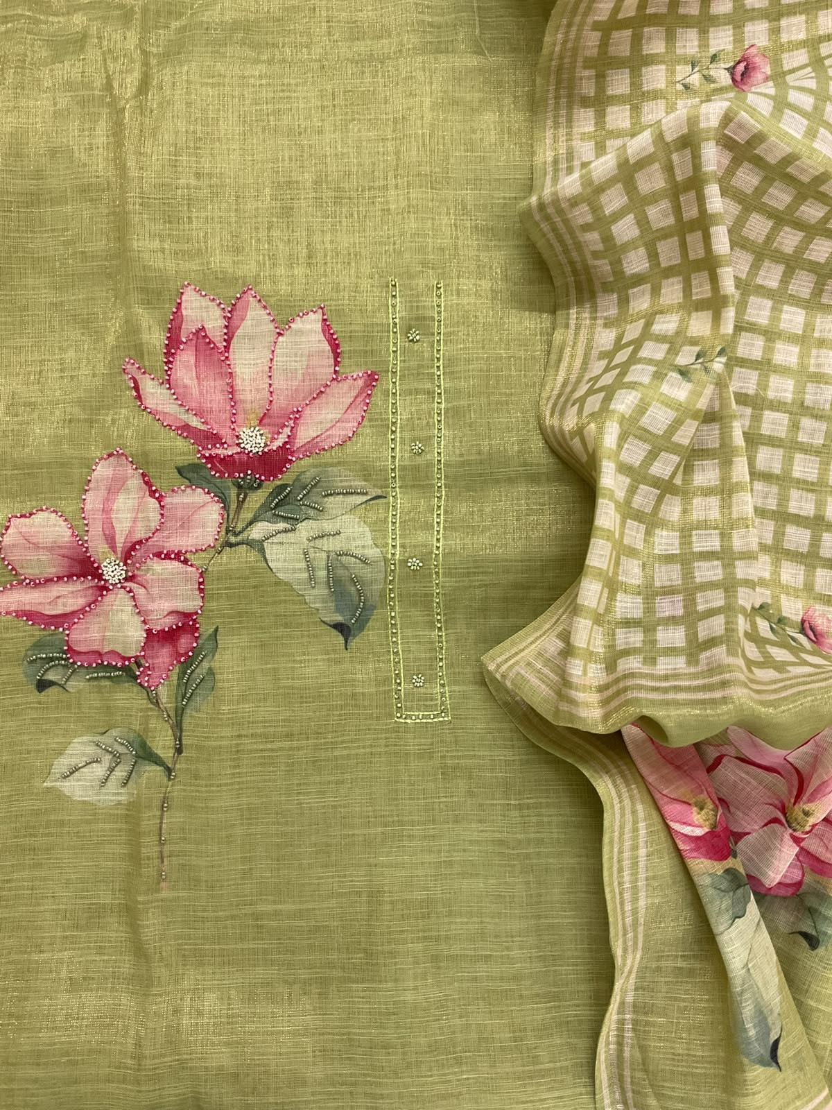 Soft Tissue Slub Cotton Printed Embroidered Suit - Green