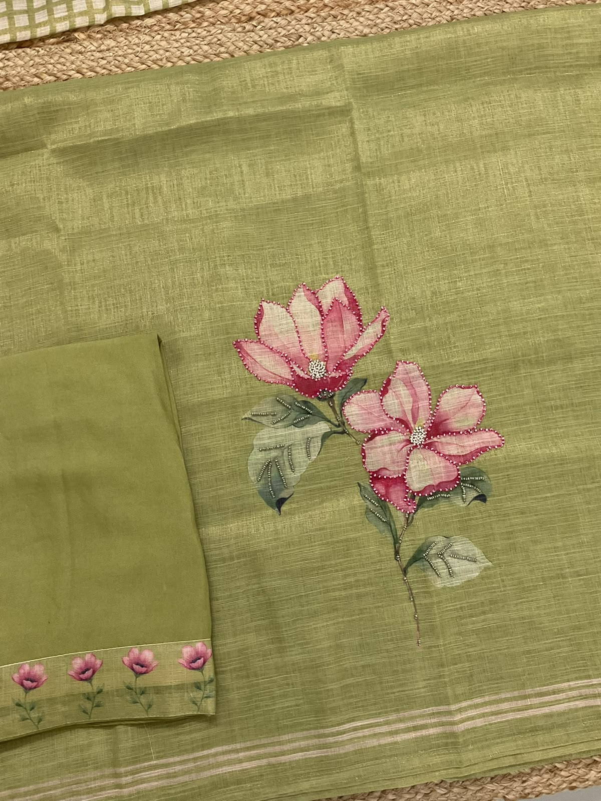 Soft Tissue Slub Cotton Printed Embroidered Suit - Green