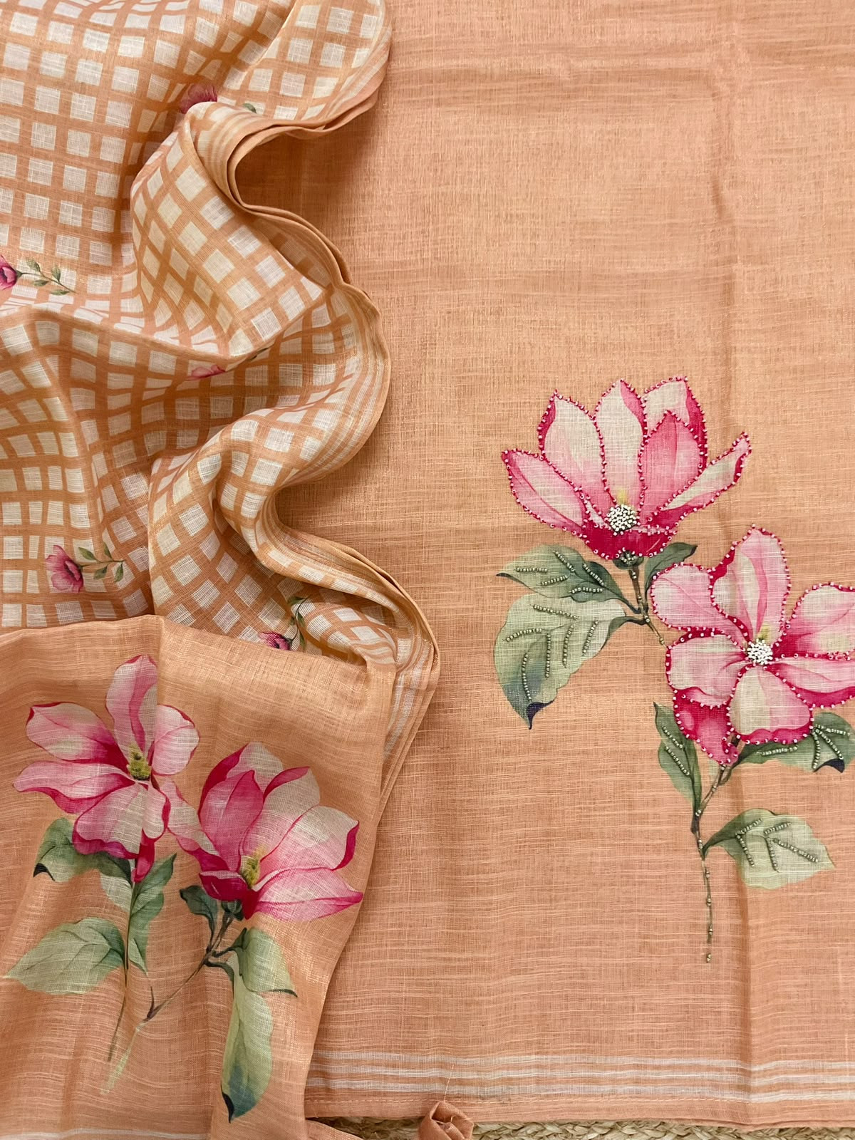 Soft Tissue Slub Cotton Printed Embroidered Suit - Peach