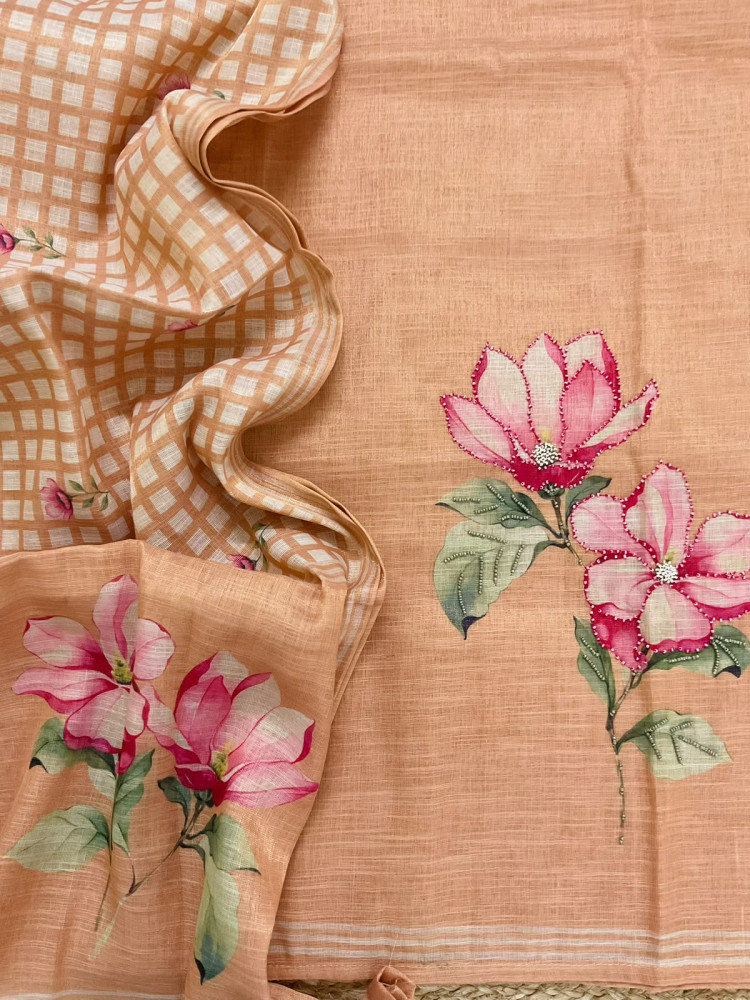 Image of Soft Tissue Slub Cotton Printed Embroidered Suit - Peach