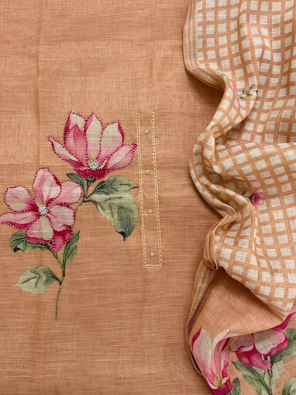 Soft Tissue Slub Cotton Printed Embroidered Suit - Peach