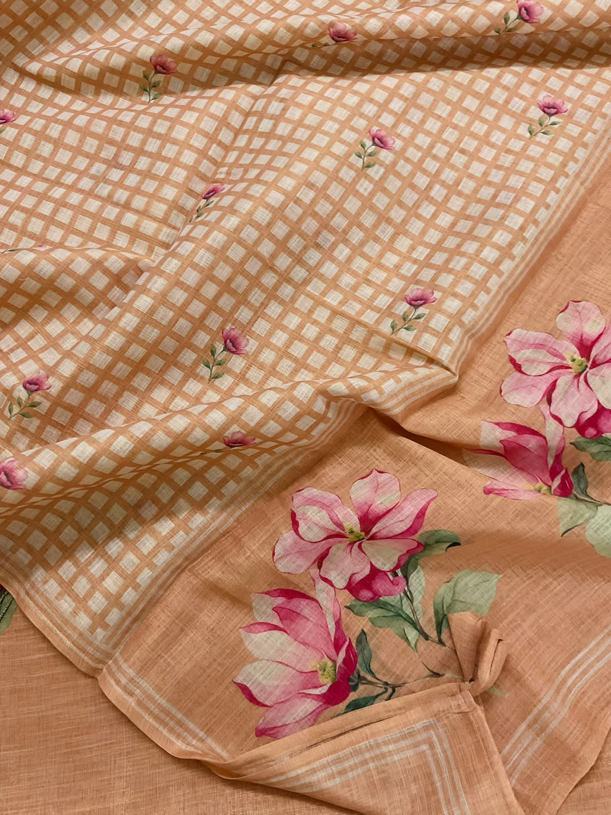 Soft Tissue Slub Cotton Printed Embroidered Suit - Peach