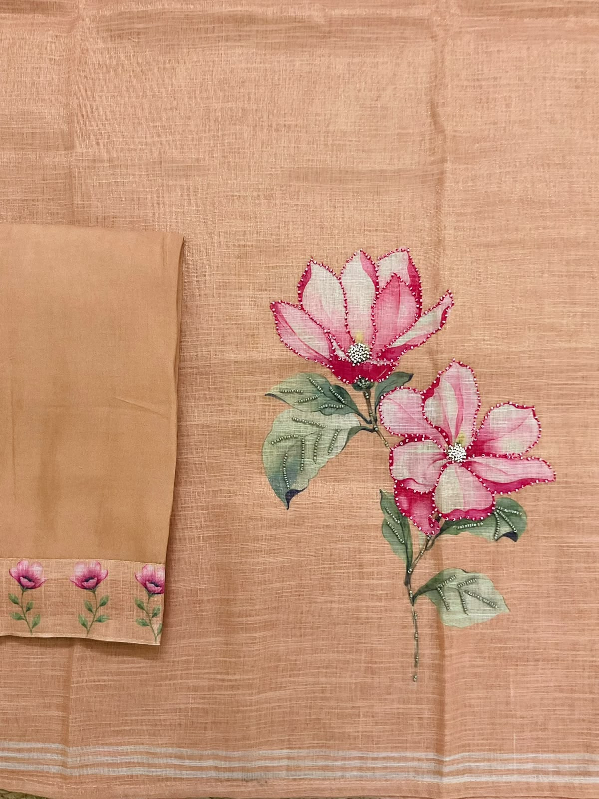 Soft Tissue Slub Cotton Printed Embroidered Suit - Peach