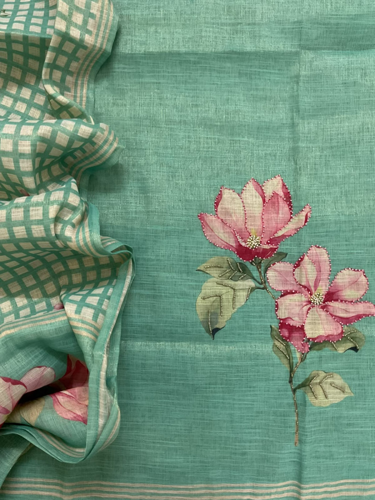 Image of Soft Tissue Slub Cotton Printed Embroidered Suit - Sea Green