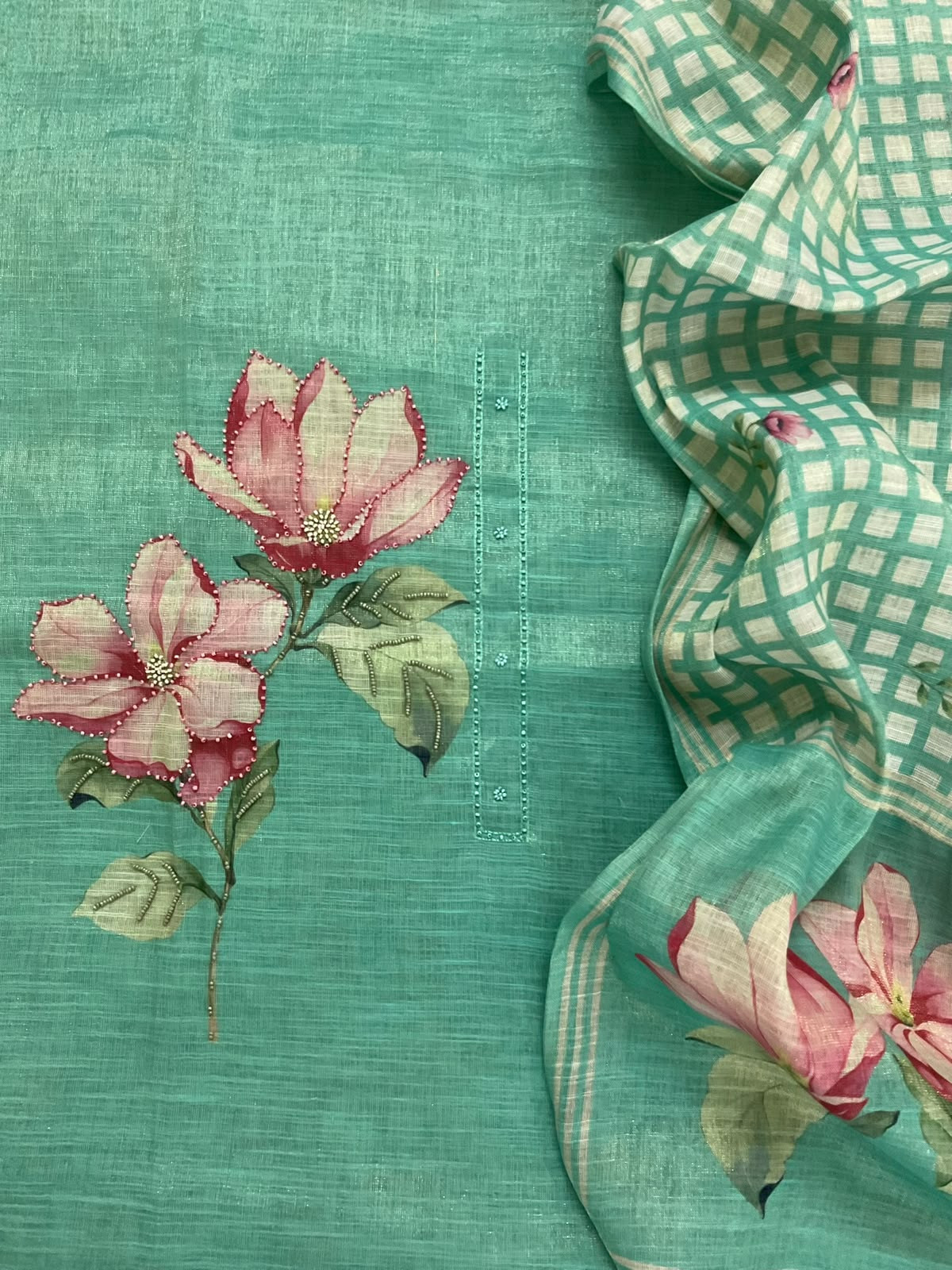 Soft Tissue Slub Cotton Printed Embroidered Suit - Sea Green