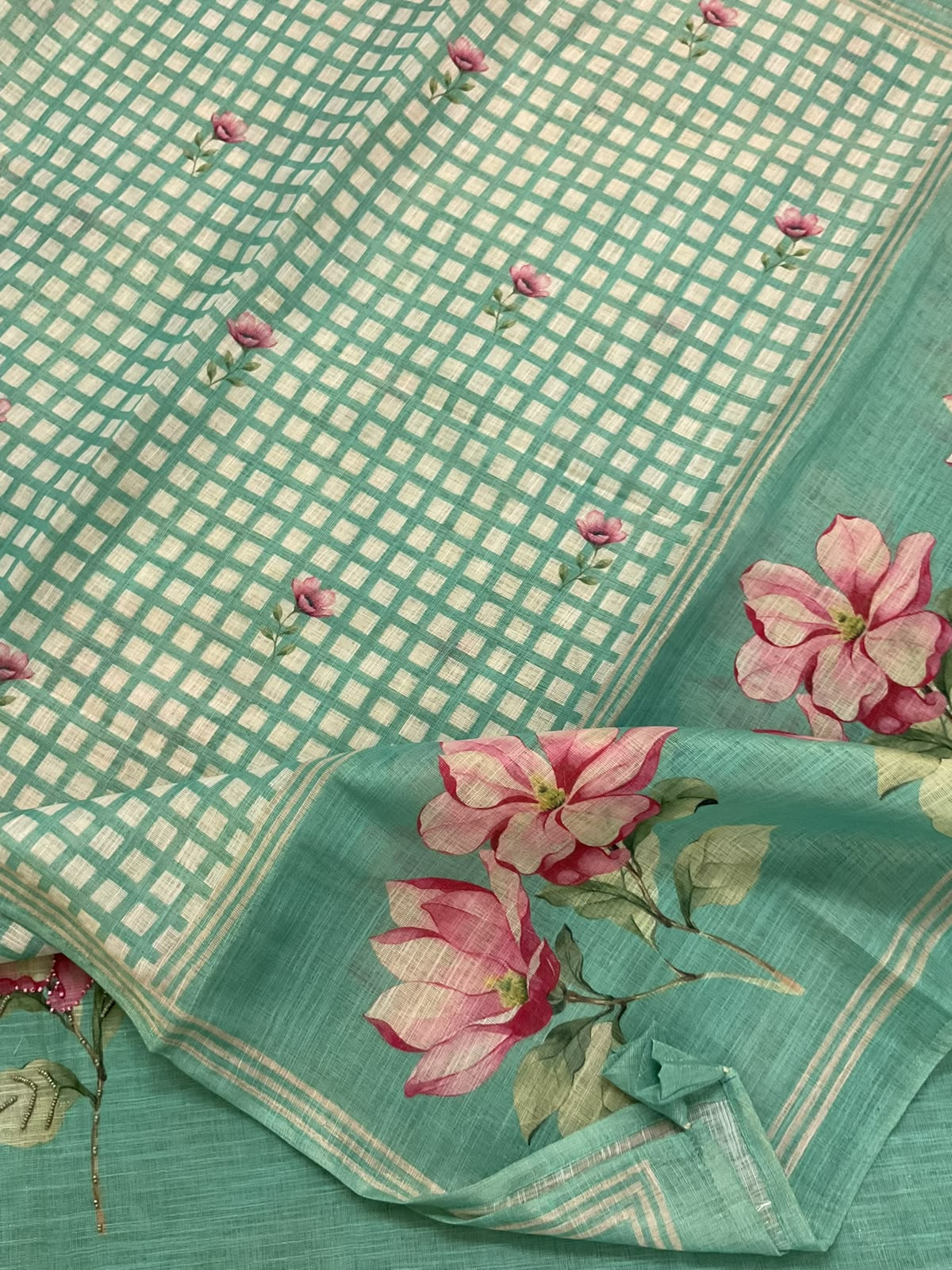 Soft Tissue Slub Cotton Printed Embroidered Suit - Sea Green