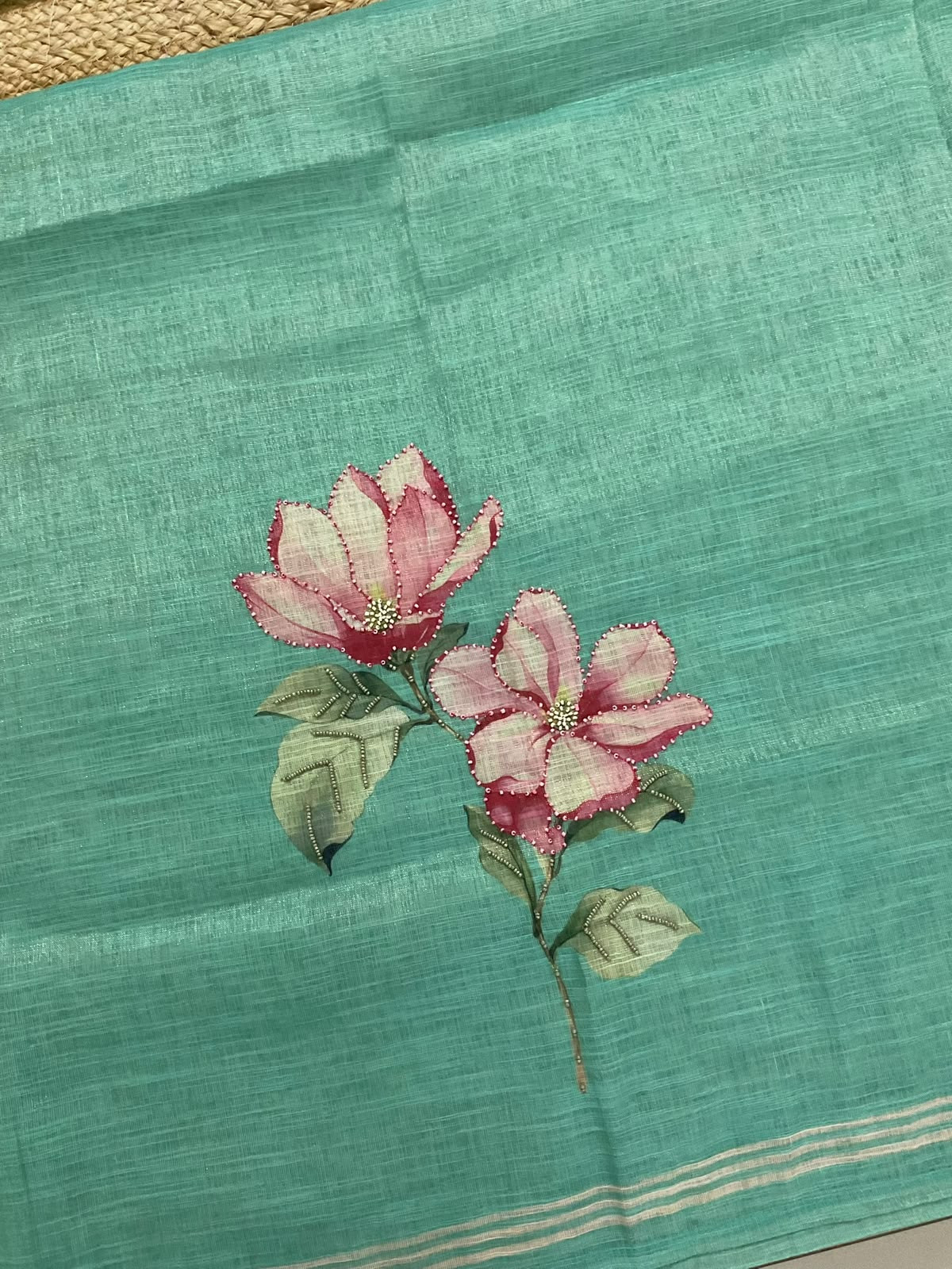 Soft Tissue Slub Cotton Printed Embroidered Suit - Sea Green