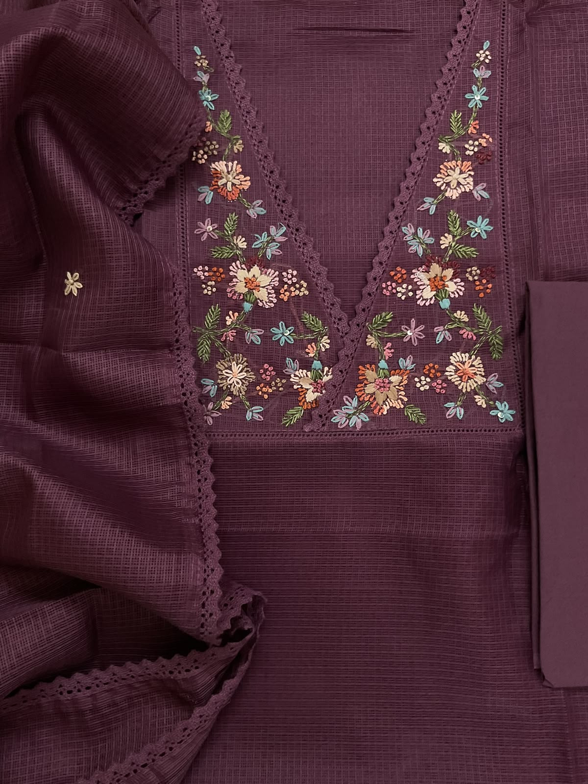 Soft Kota Silk Embroidered Suit - Dark Wine
