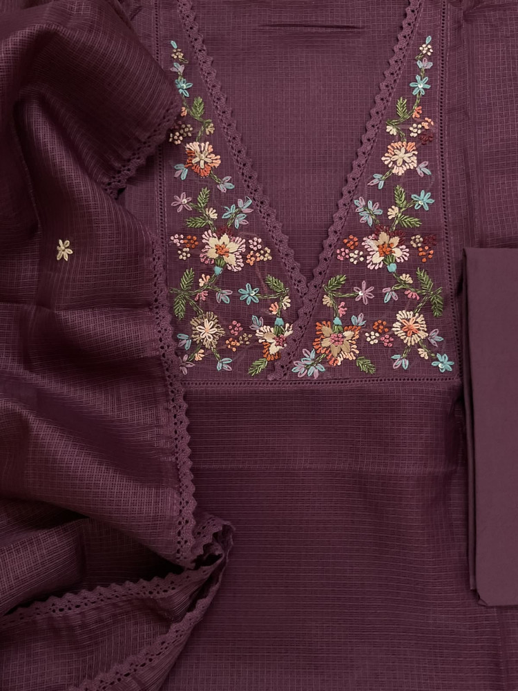 Image of Soft Kota Silk Embroidered Suit - Dark Wine