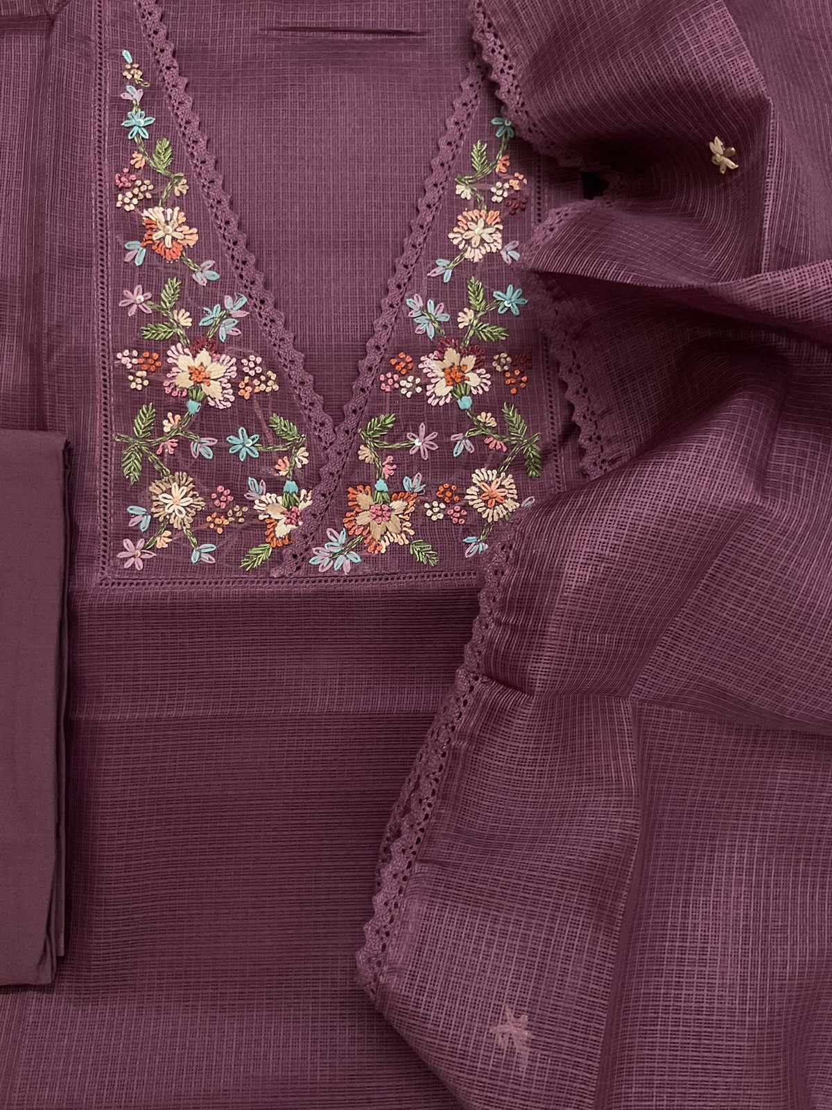 Soft Kota Silk Embroidered Suit - Dark Wine