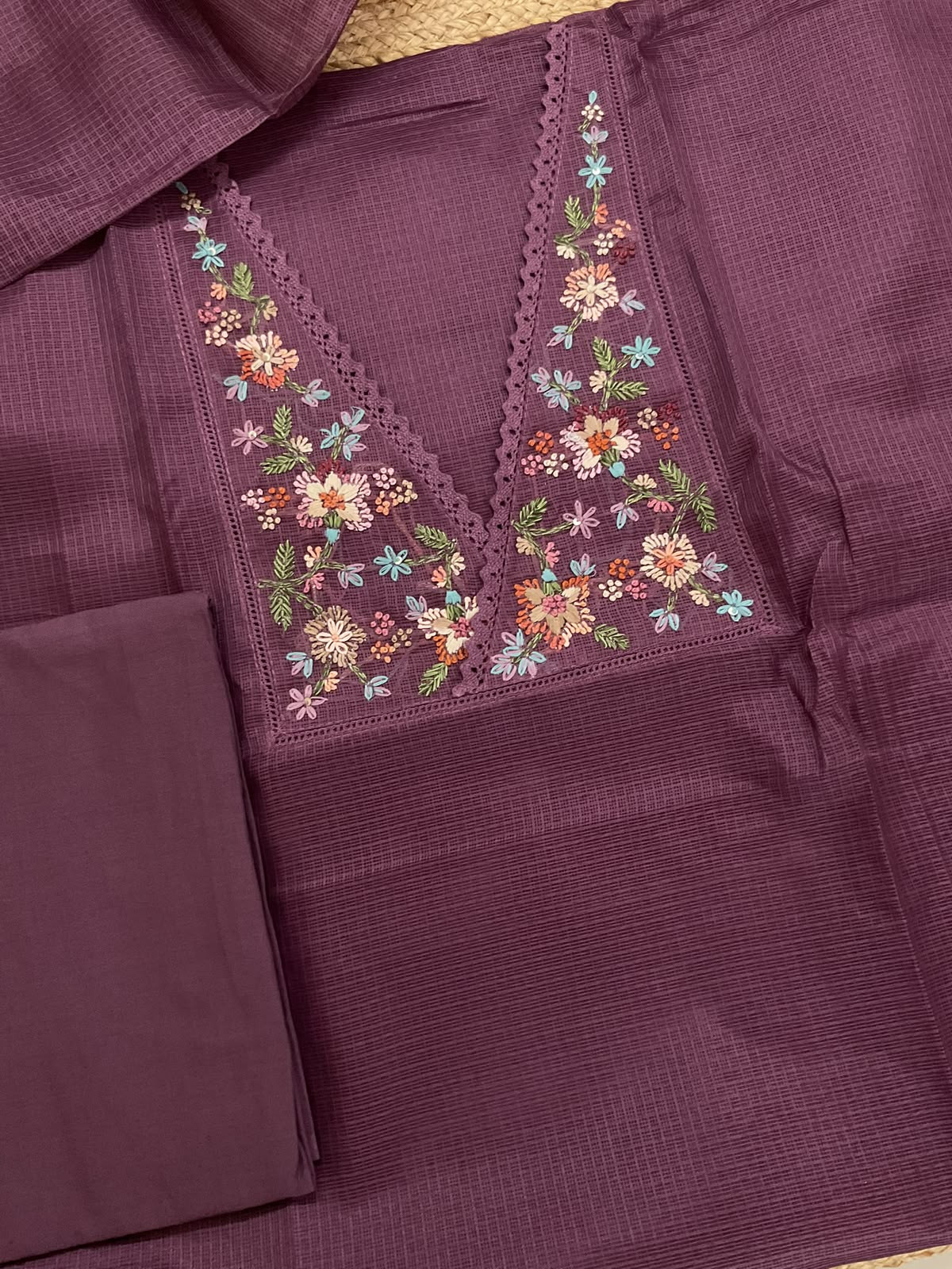 Soft Kota Silk Embroidered Suit - Dark Wine