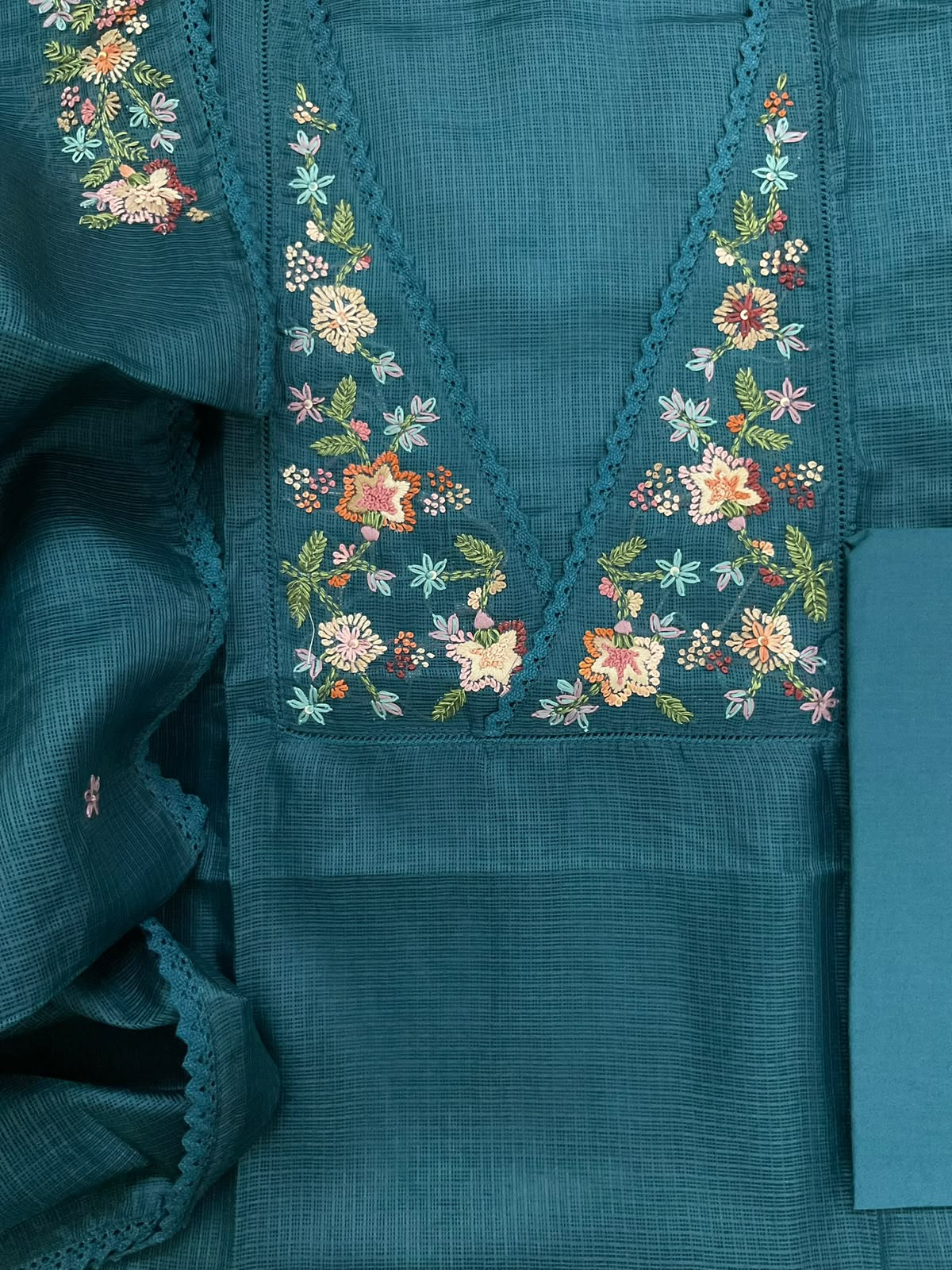 Soft Kota Silk Embroidered Suit - Peacock Blue