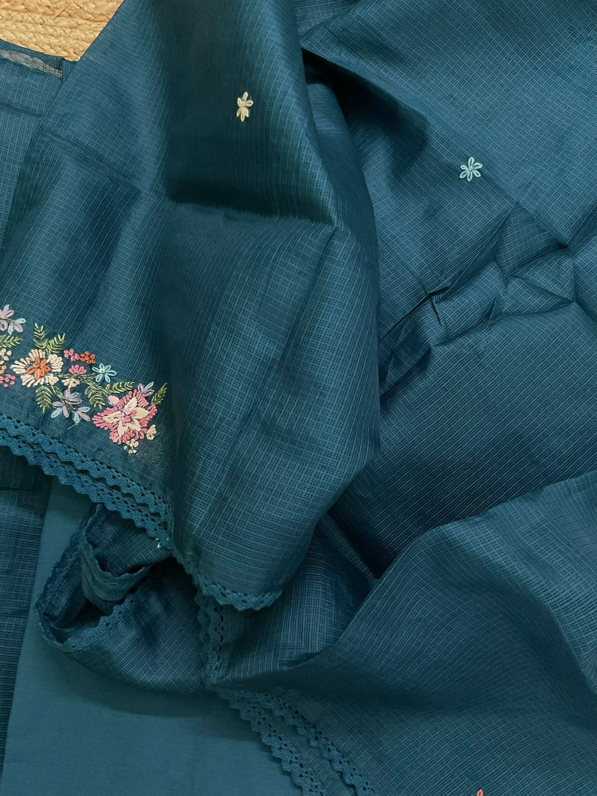Soft Kota Silk Embroidered Suit - Peacock Blue