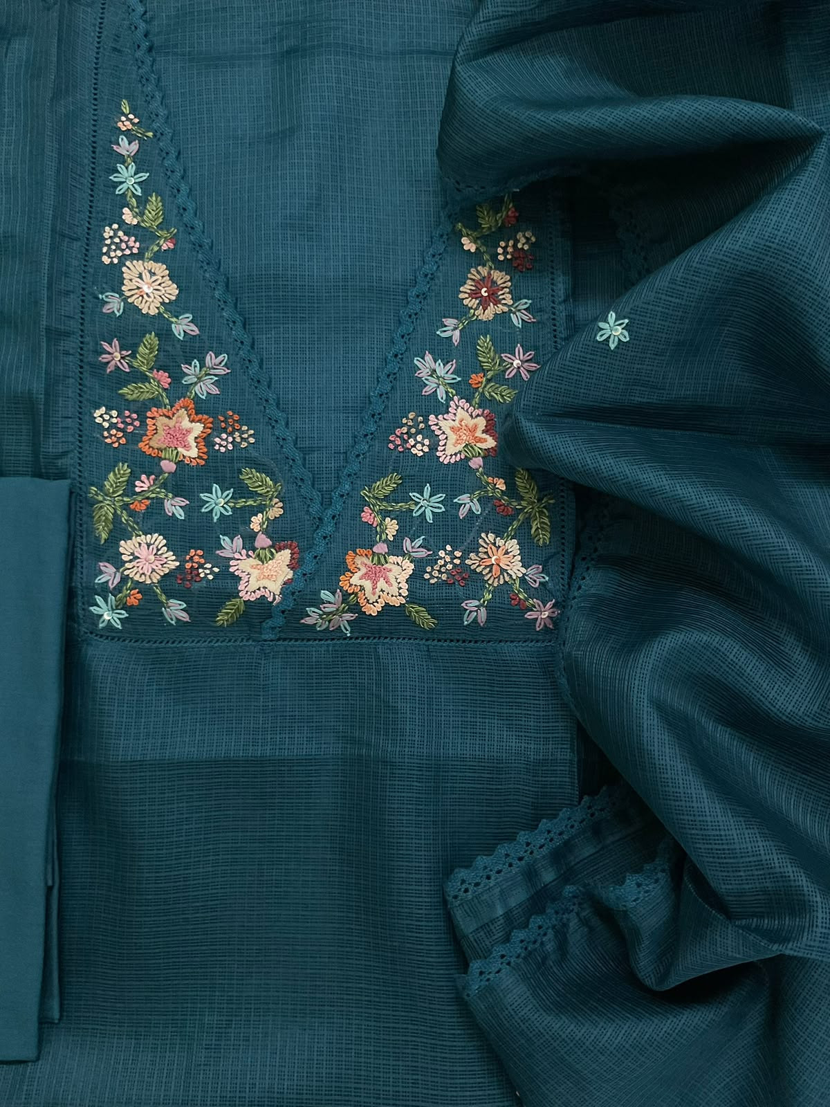 Soft Kota Silk Embroidered Suit - Peacock Blue