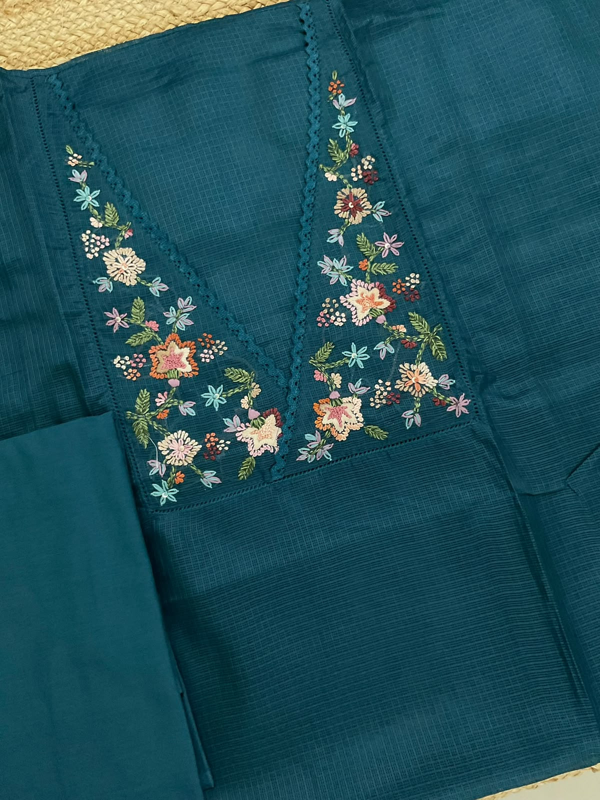 Soft Kota Silk Embroidered Suit - Peacock Blue