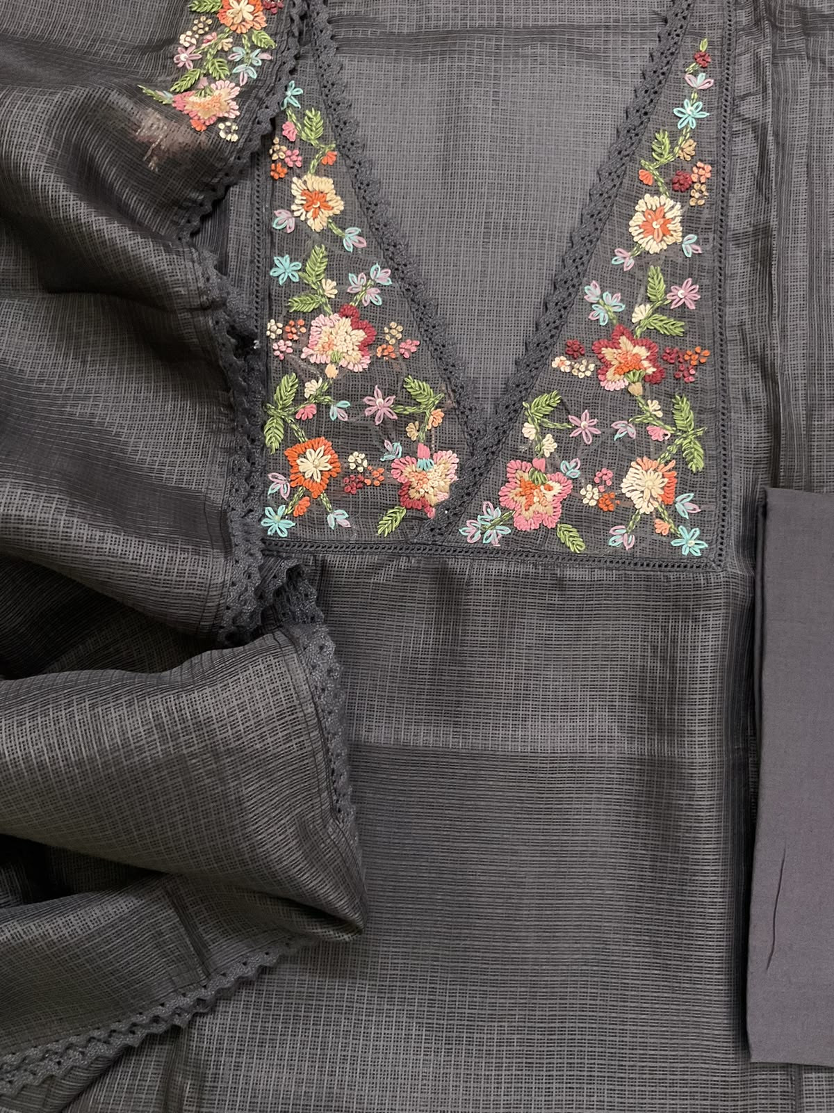 Soft Kota Silk Embroidered Suit - Greyish Brown