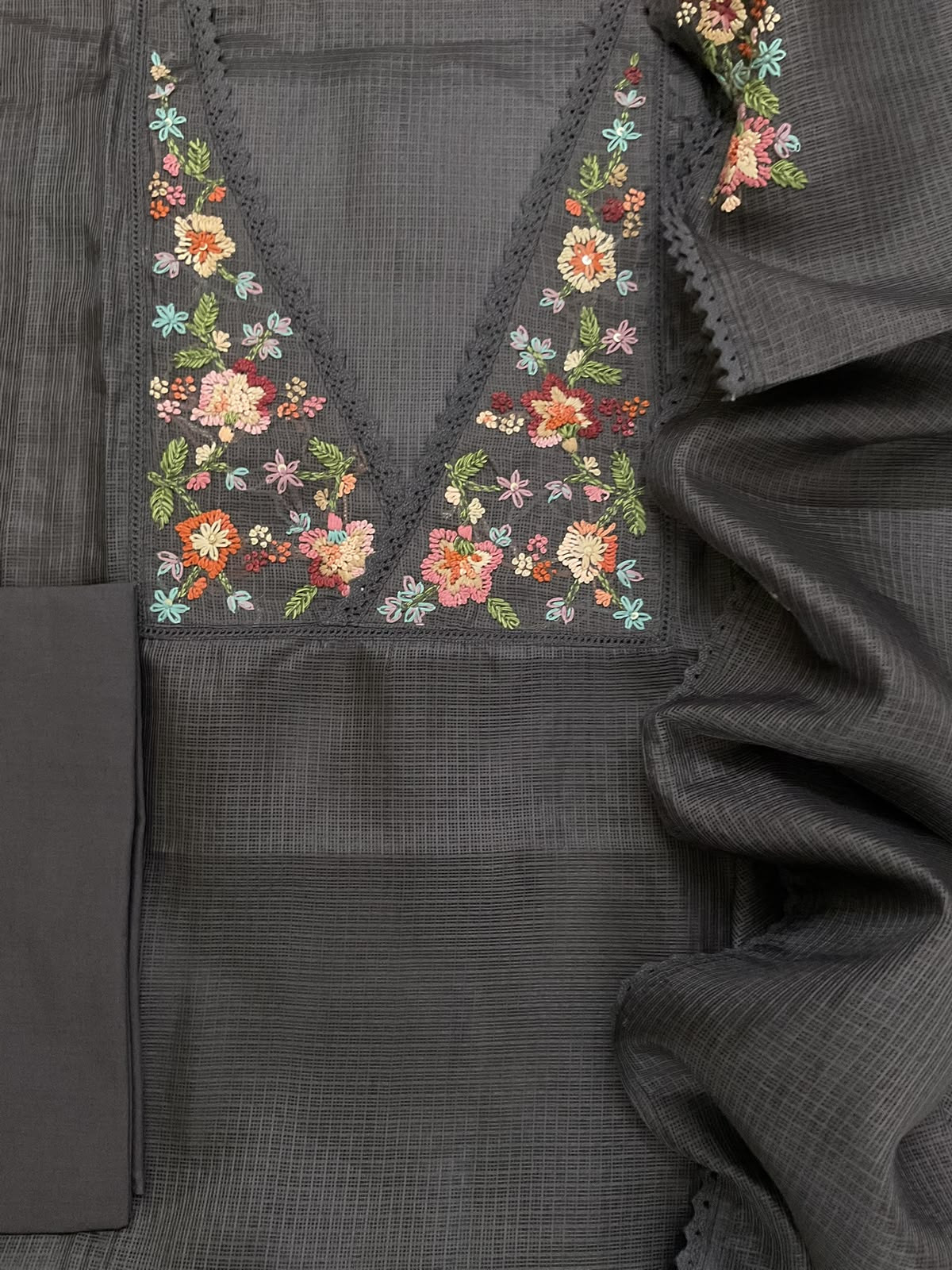 Soft Kota Silk Embroidered Suit - Greyish Brown