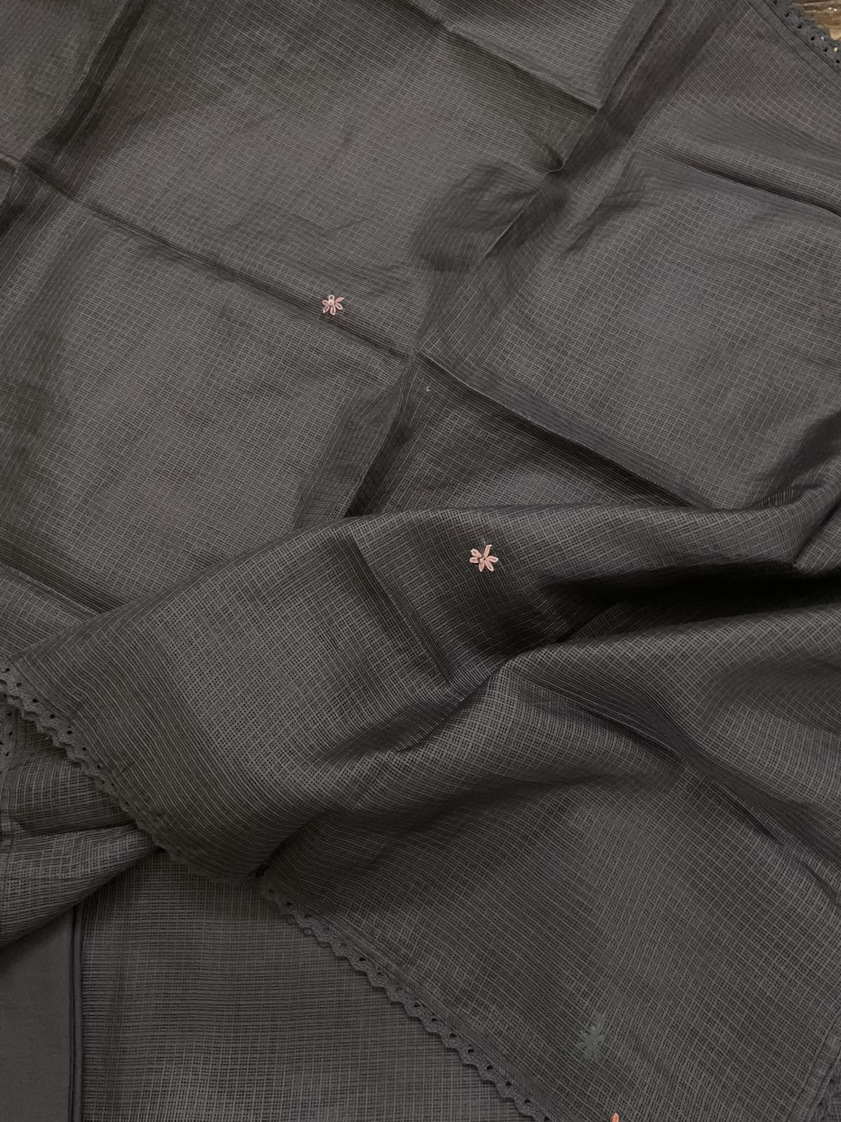 Soft Kota Silk Embroidered Suit - Greyish Brown