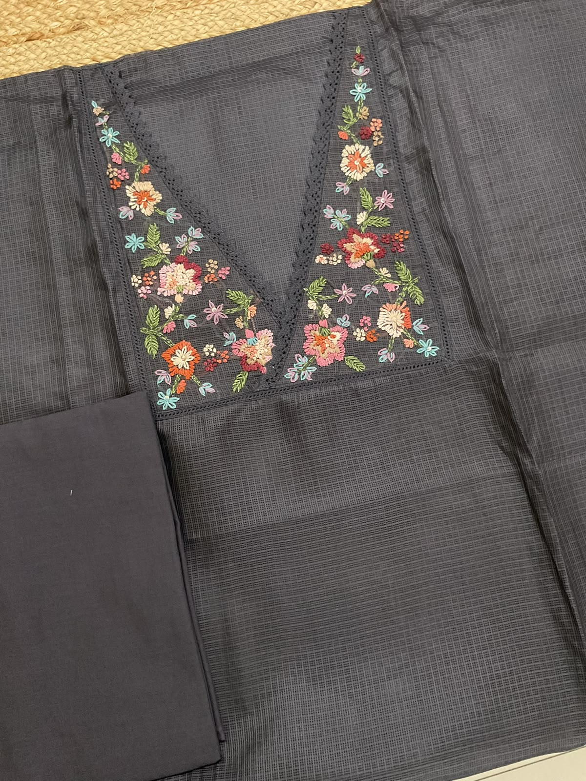 Soft Kota Silk Embroidered Suit - Greyish Brown