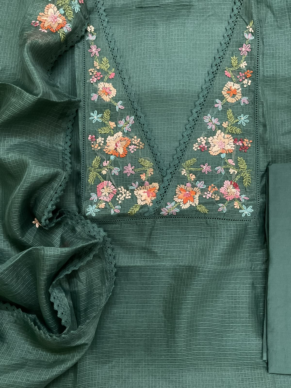 Soft Kota Silk Embroidered Suit - Dark Green