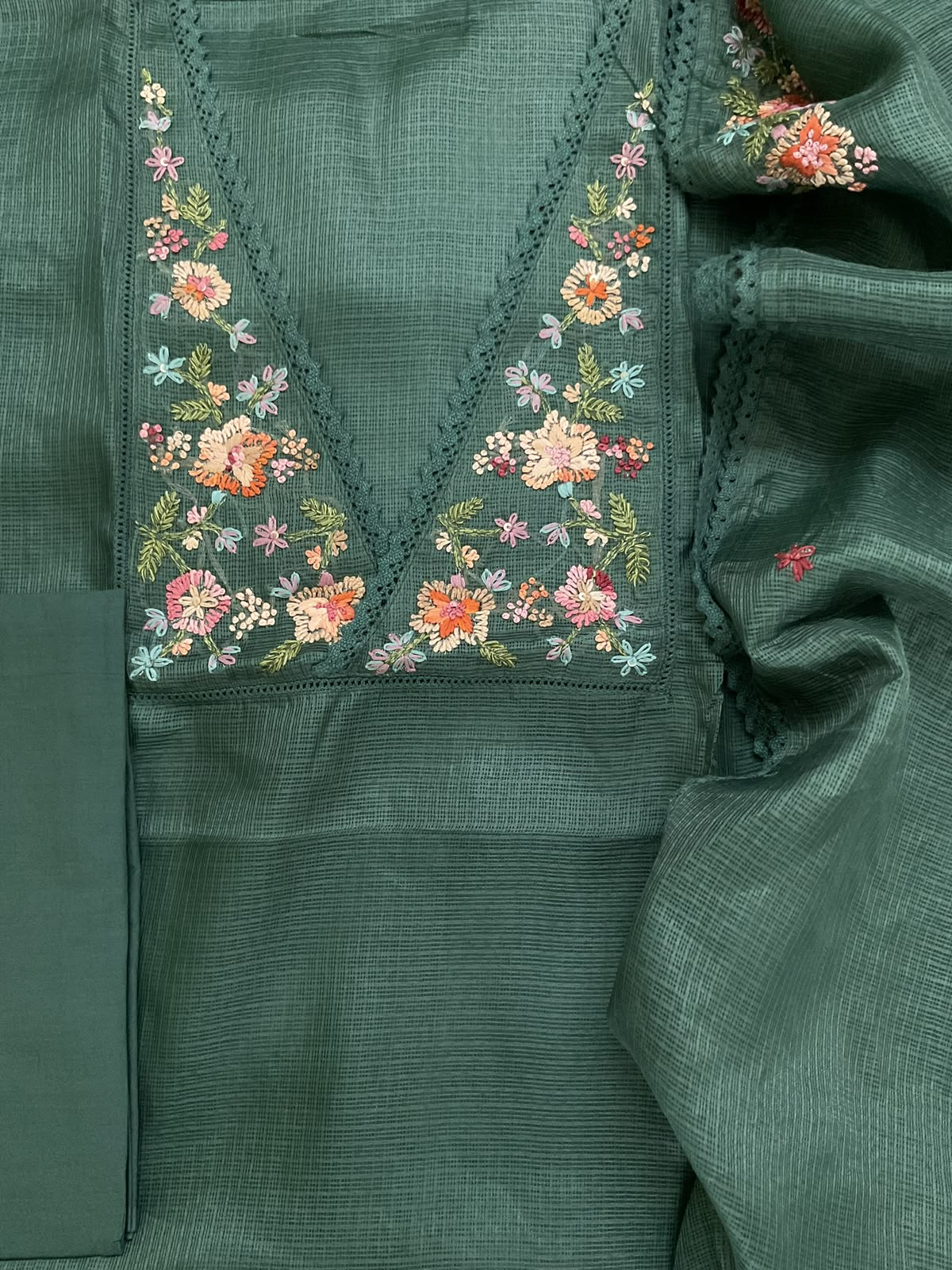 Soft Kota Silk Embroidered Suit - Dark Green