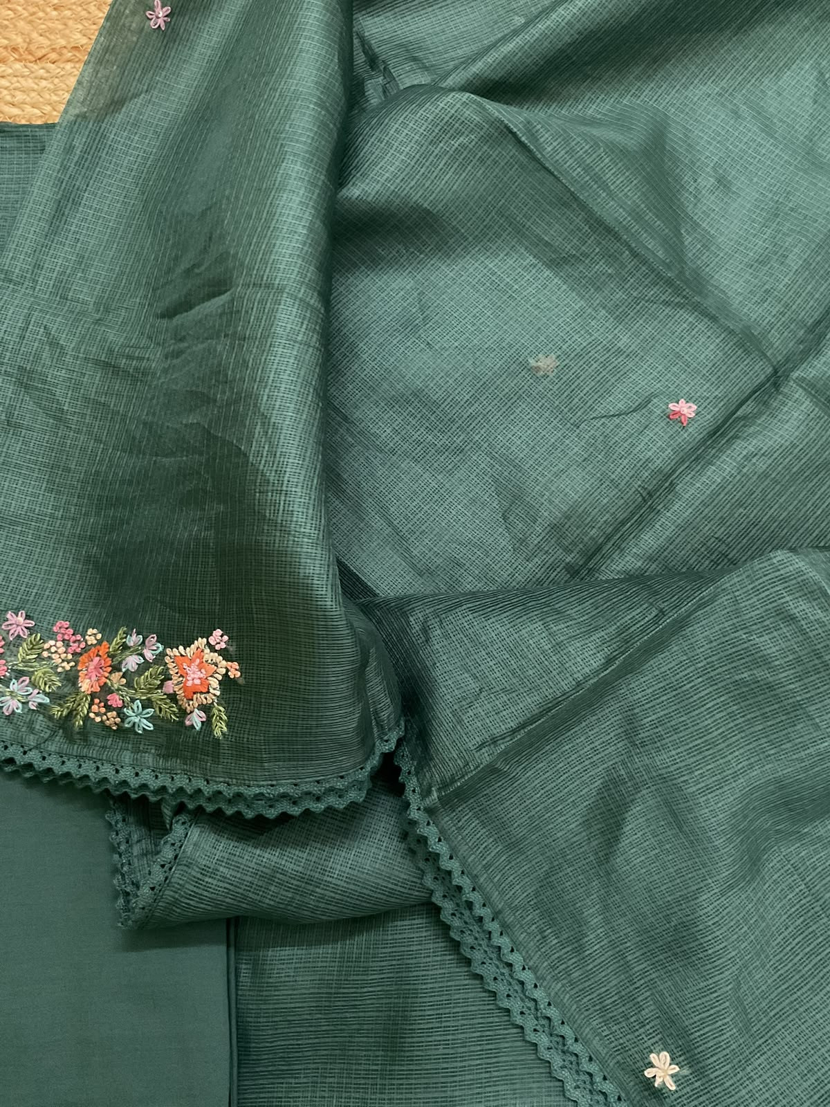 Soft Kota Silk Embroidered Suit - Dark Green
